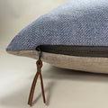 Handcrafted Blue Linen Pillow Cover: Exposed Zipper, Leather Pull