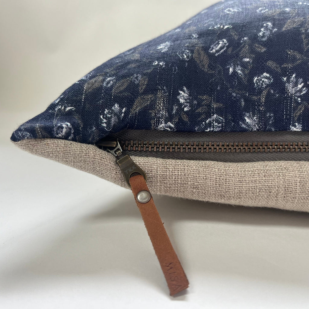 Navy Floral Linen Pillow Cover: Exposed Zipper, Leather Pull