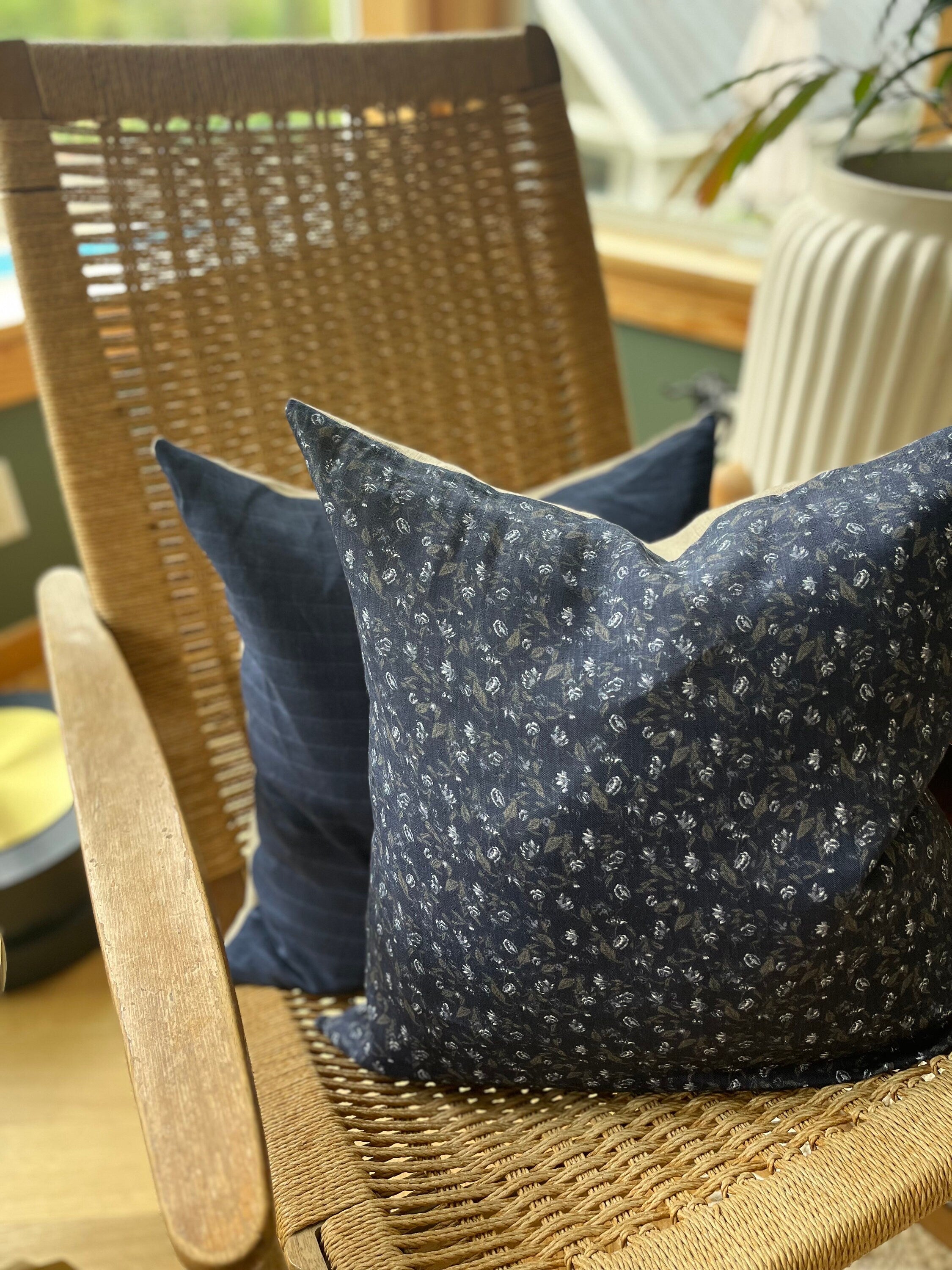 Navy Floral Linen Pillow Cover: Exposed Zipper, Leather Pull
