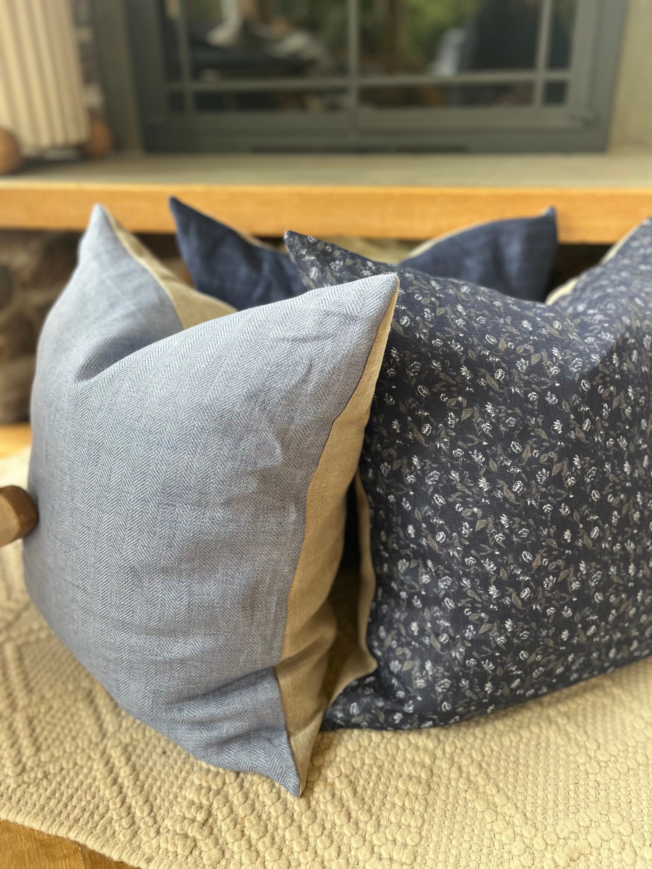 Navy Floral Linen Pillow Cover: Exposed Zipper, Leather Pull