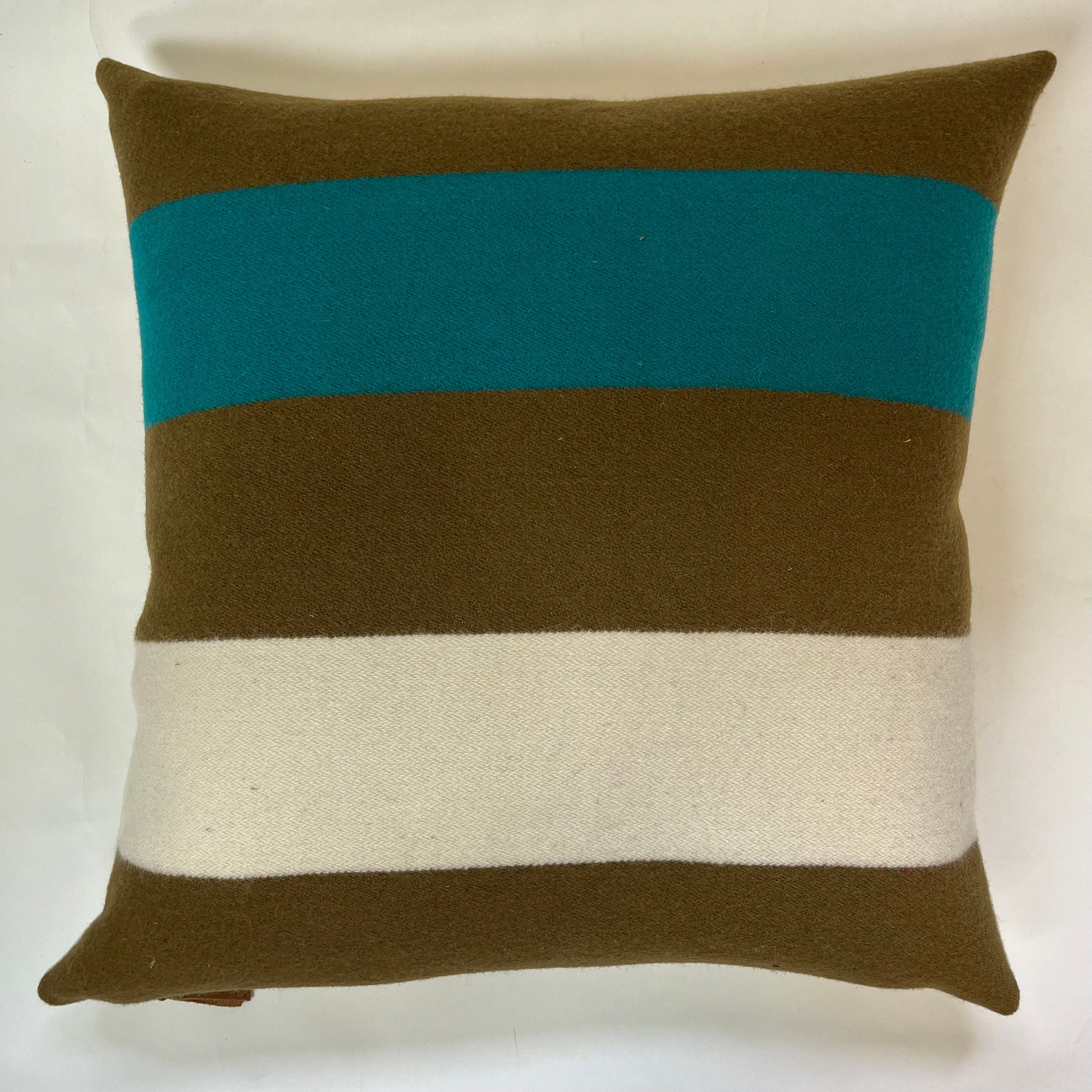 Wool Pillow Cover: Striped Olive Green, Cream and Turquoise 18”