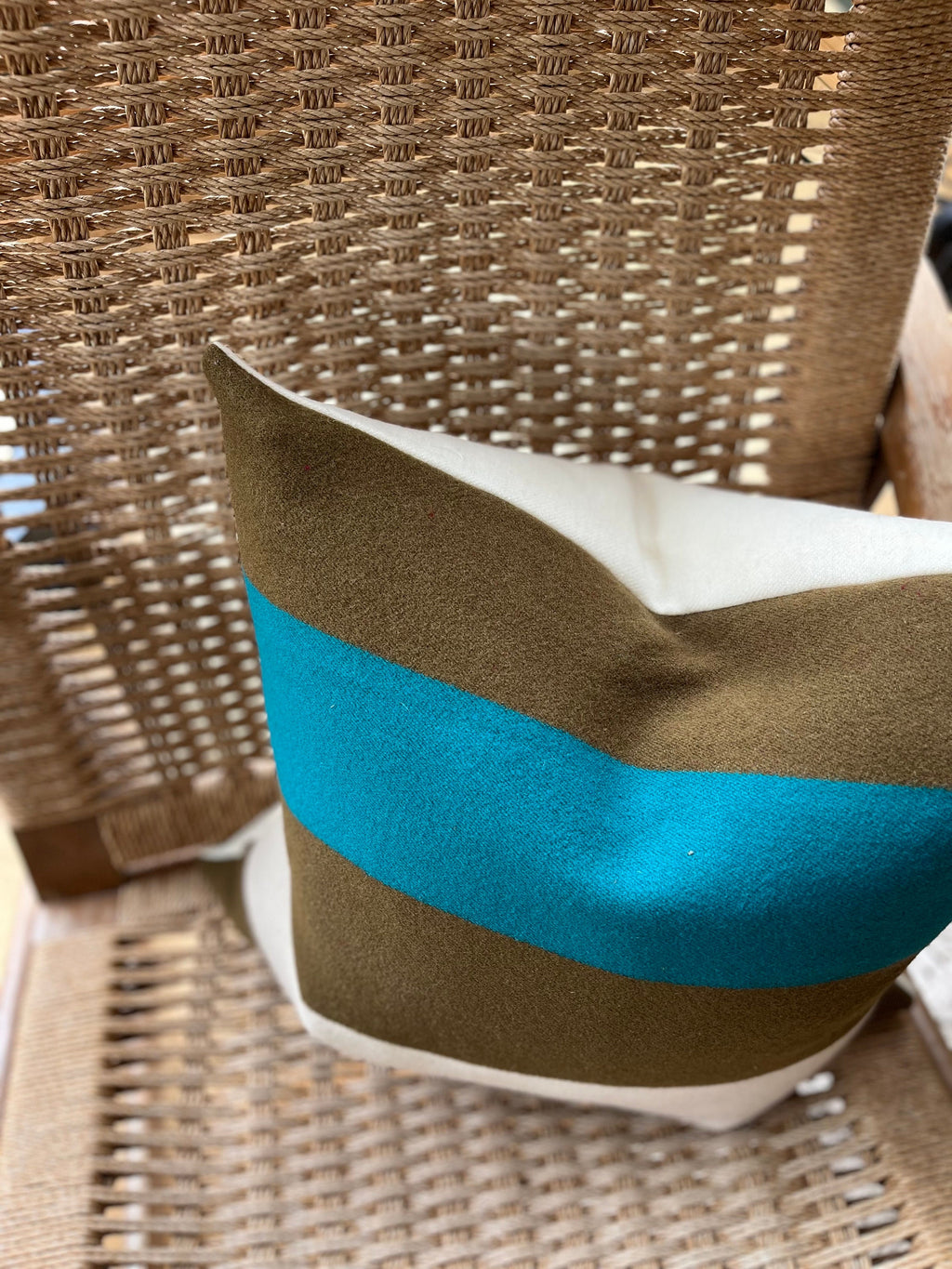 Wool Pillow Cover: Striped Olive Green, Cream and Turquoise 18”