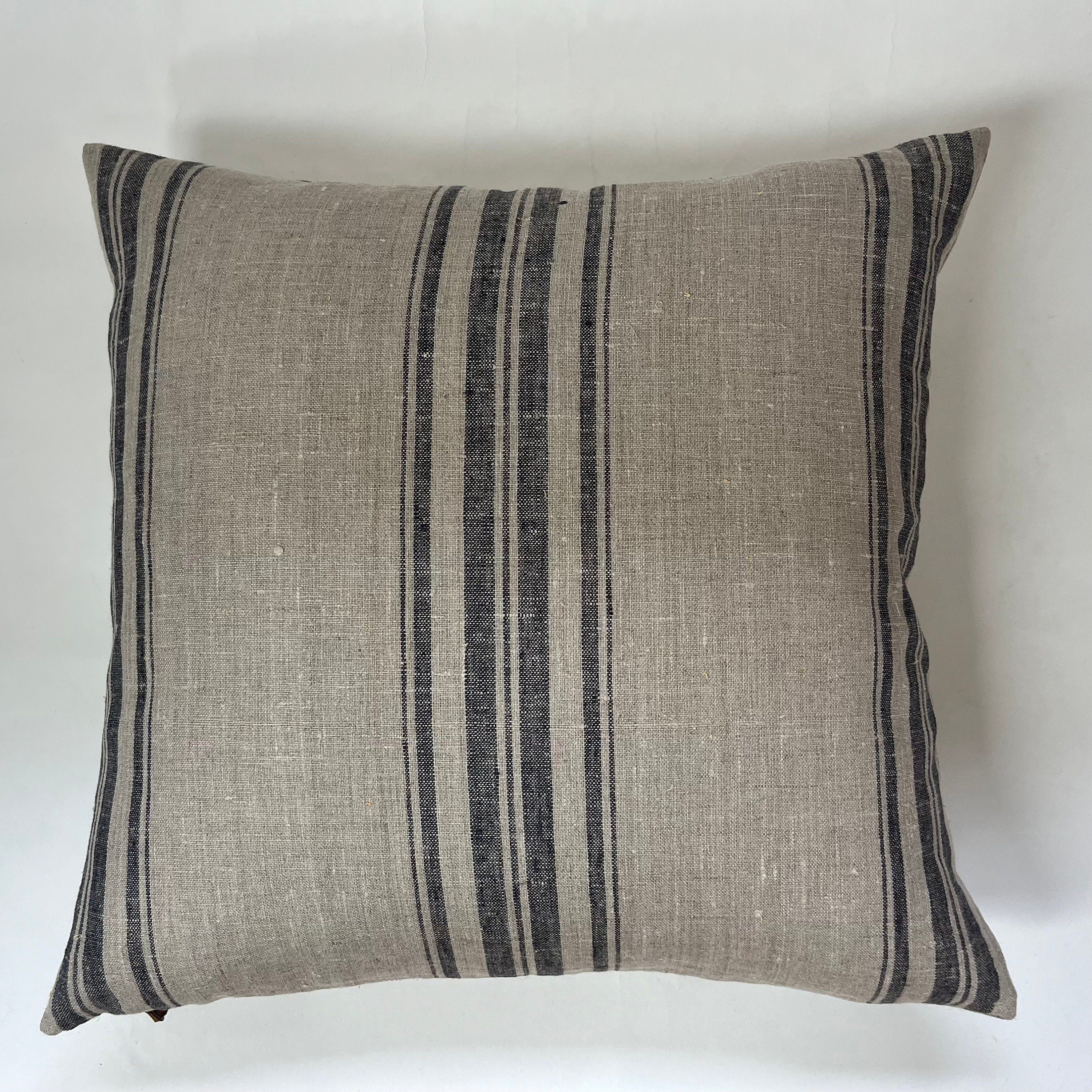 Striped Linen Pillow Cover: Charcoal Gray, Leather Pull - 18x18