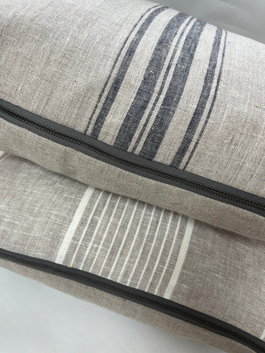 Striped Linen Pillow Cover: White and Natural, Leather Zipper Pull (18x18)