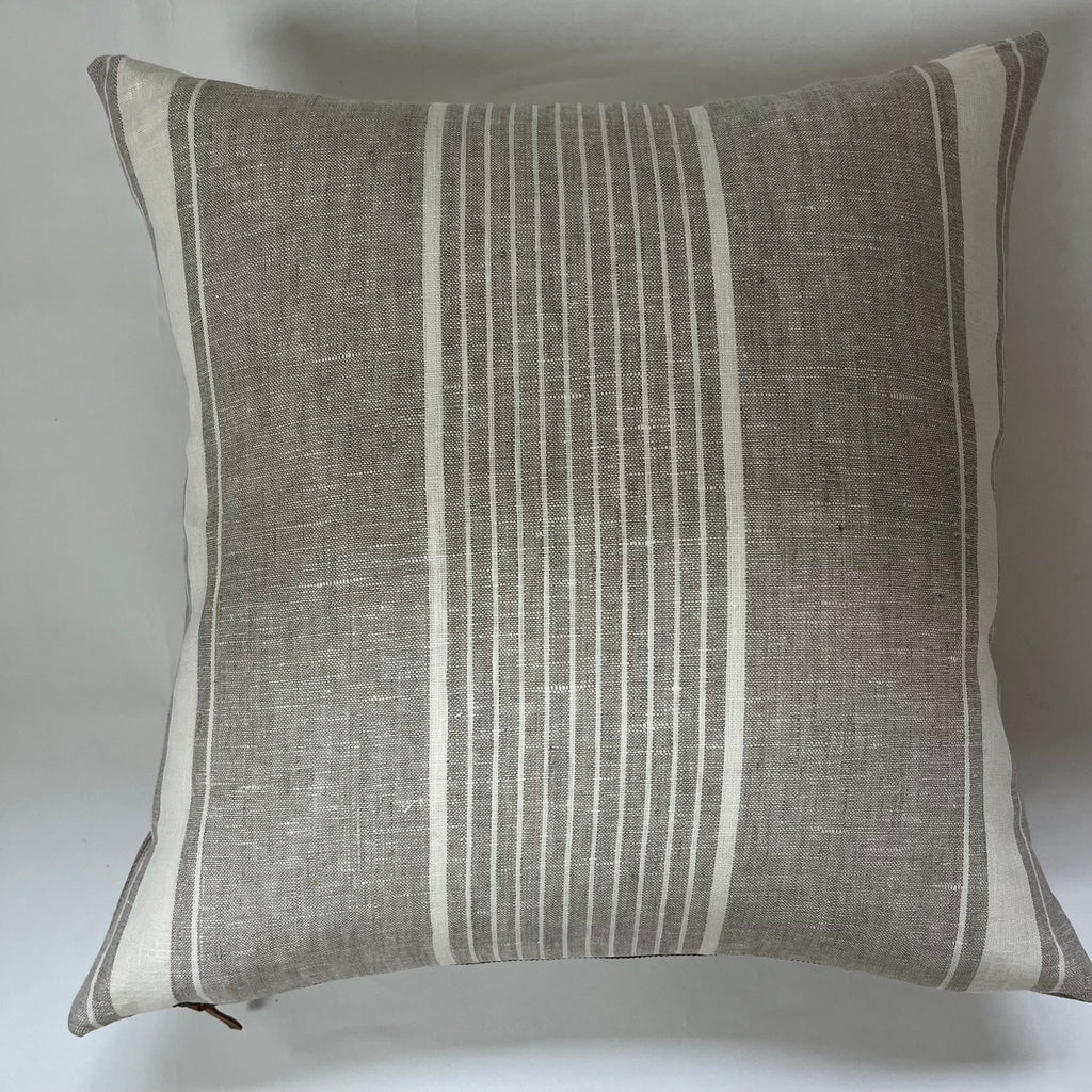 Striped Linen Pillow Cover: White and Natural, Leather Zipper Pull (18x18)