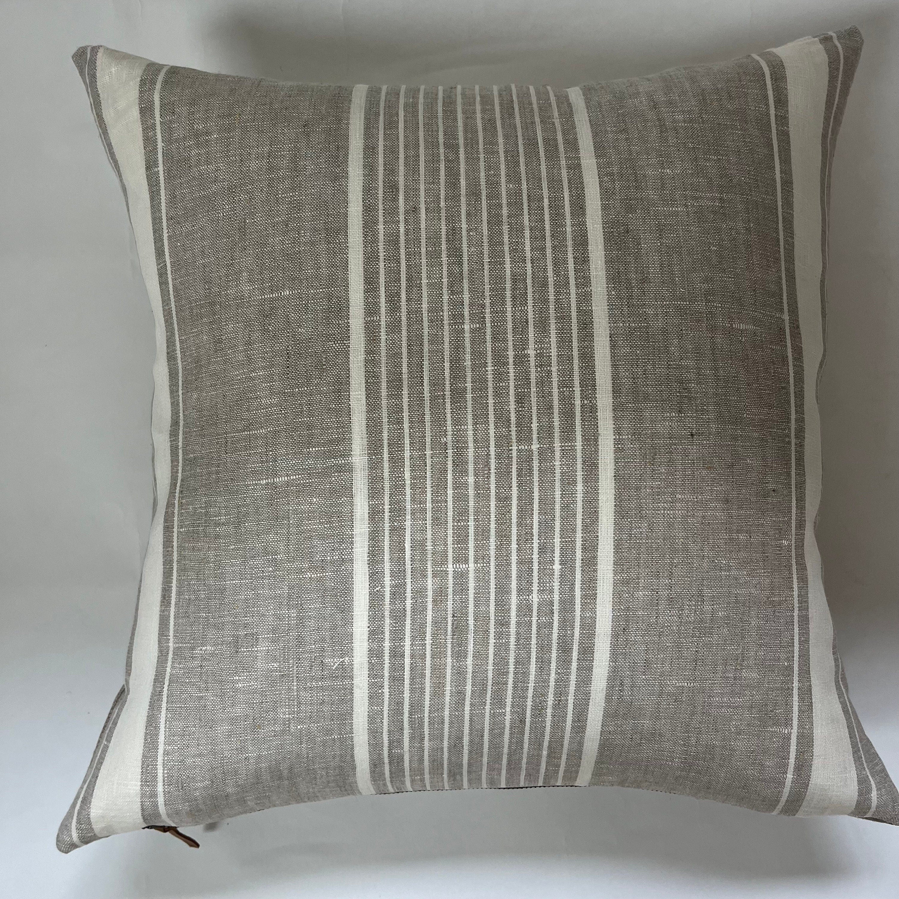 Striped Linen Pillow Cover: White and Natural, Leather Zipper Pull (18x18)