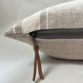 Striped Linen Pillow Cover: White and Natural, Leather Zipper Pull (18x18)