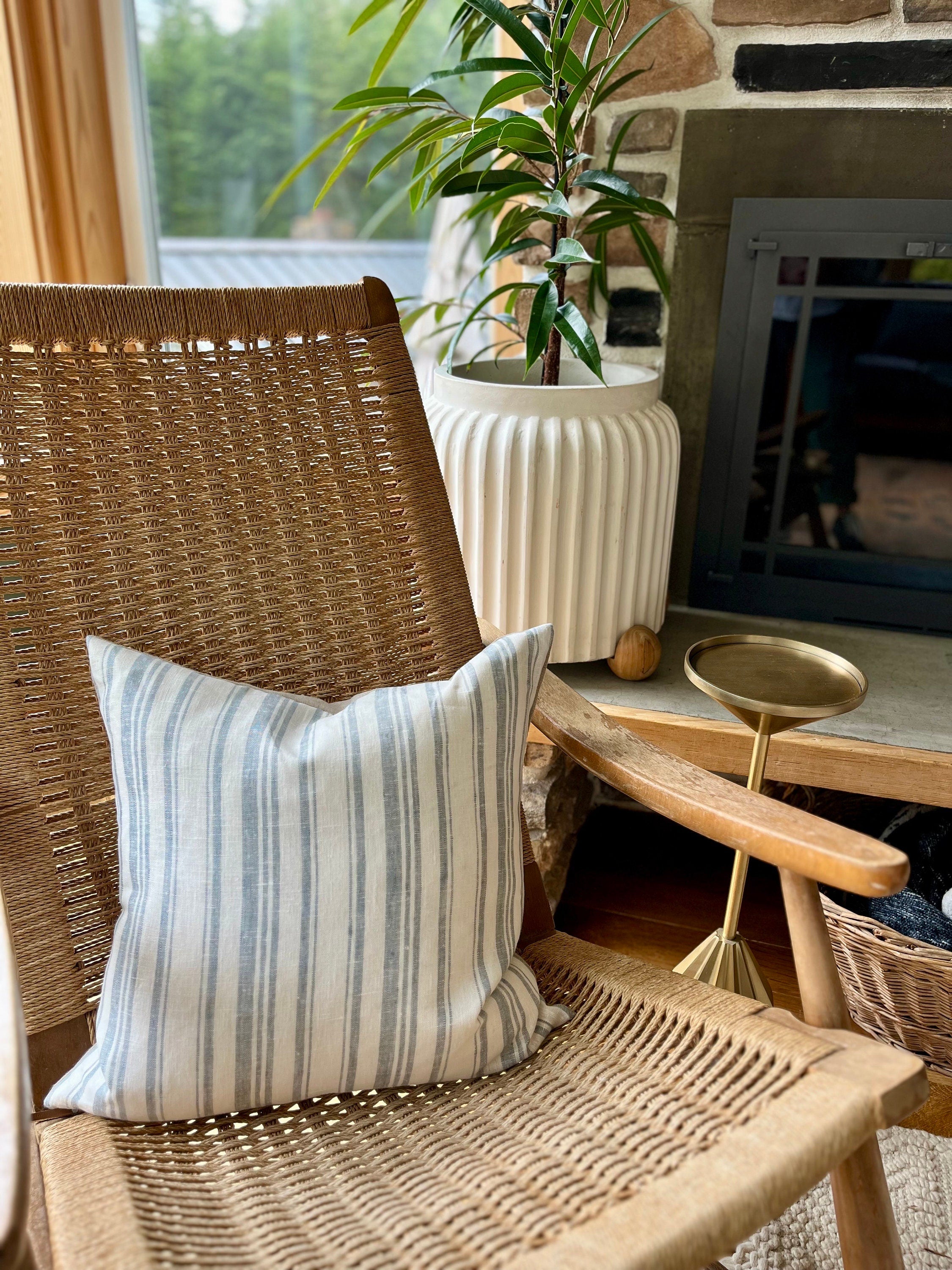 Blue Striped Linen Pillow Cover: 18x18 Decorative Throw Pillow