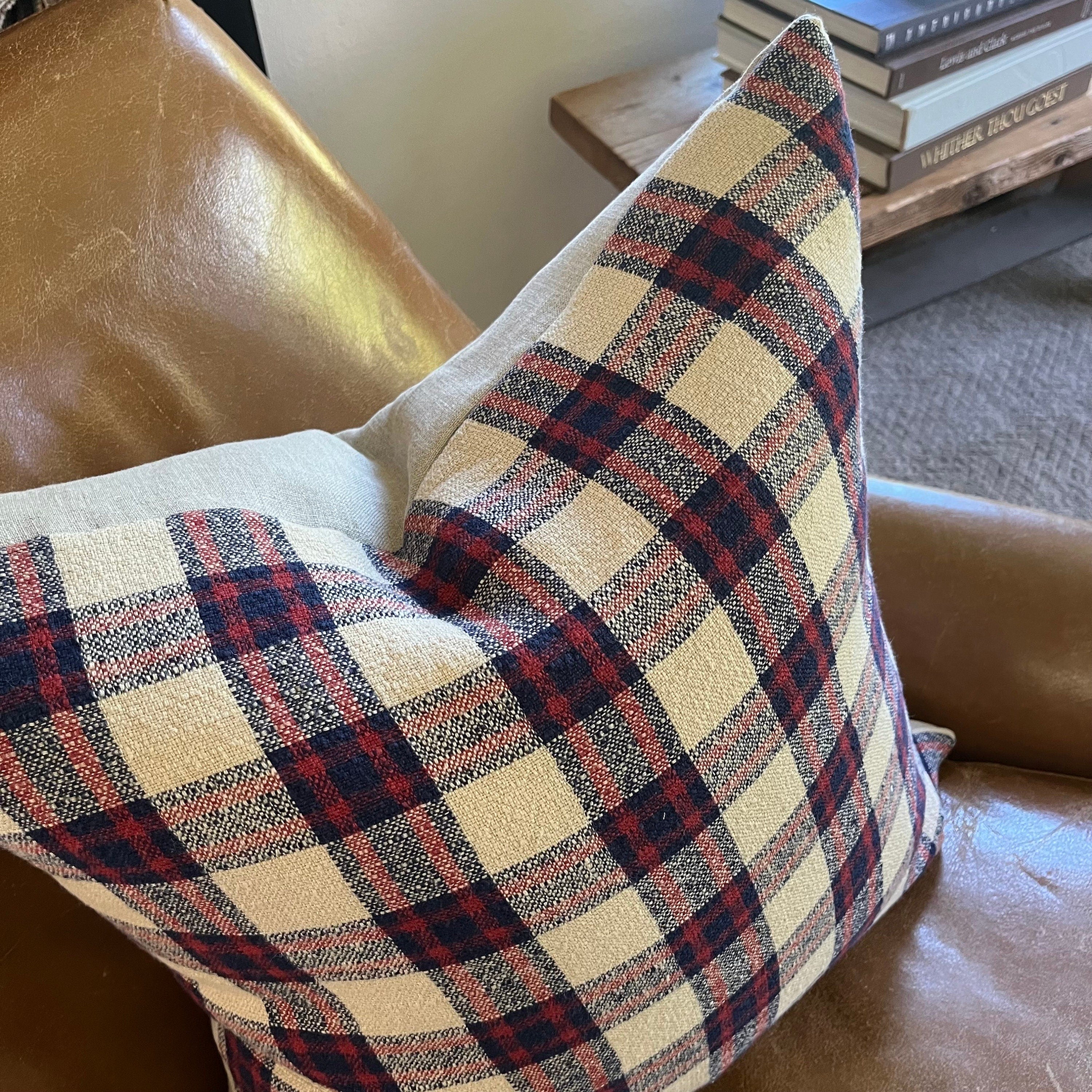 Plaid Linen Pillow Cover: Red, Blue, Cream Windowpane, Exposed Zipper