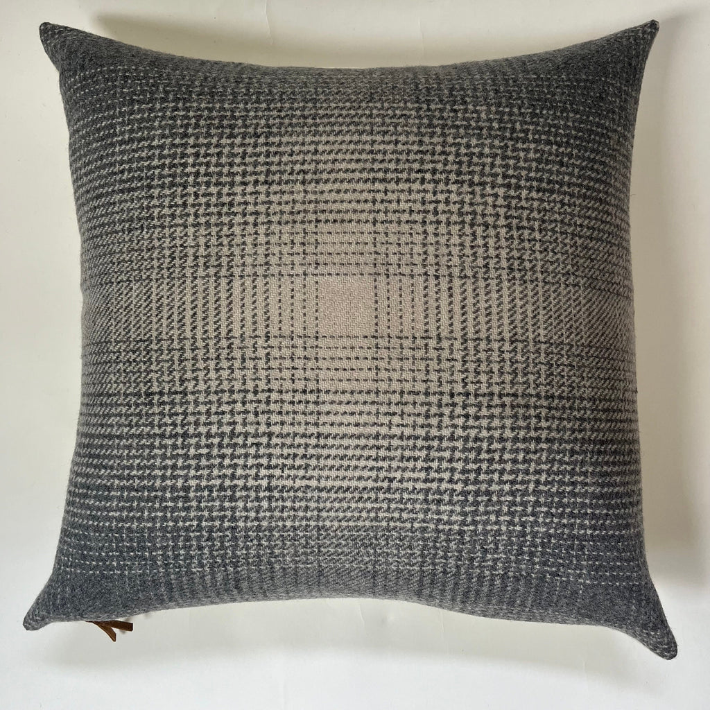 Gray Plaid Wool Pillow Cover Exposed Zipper with leather pull