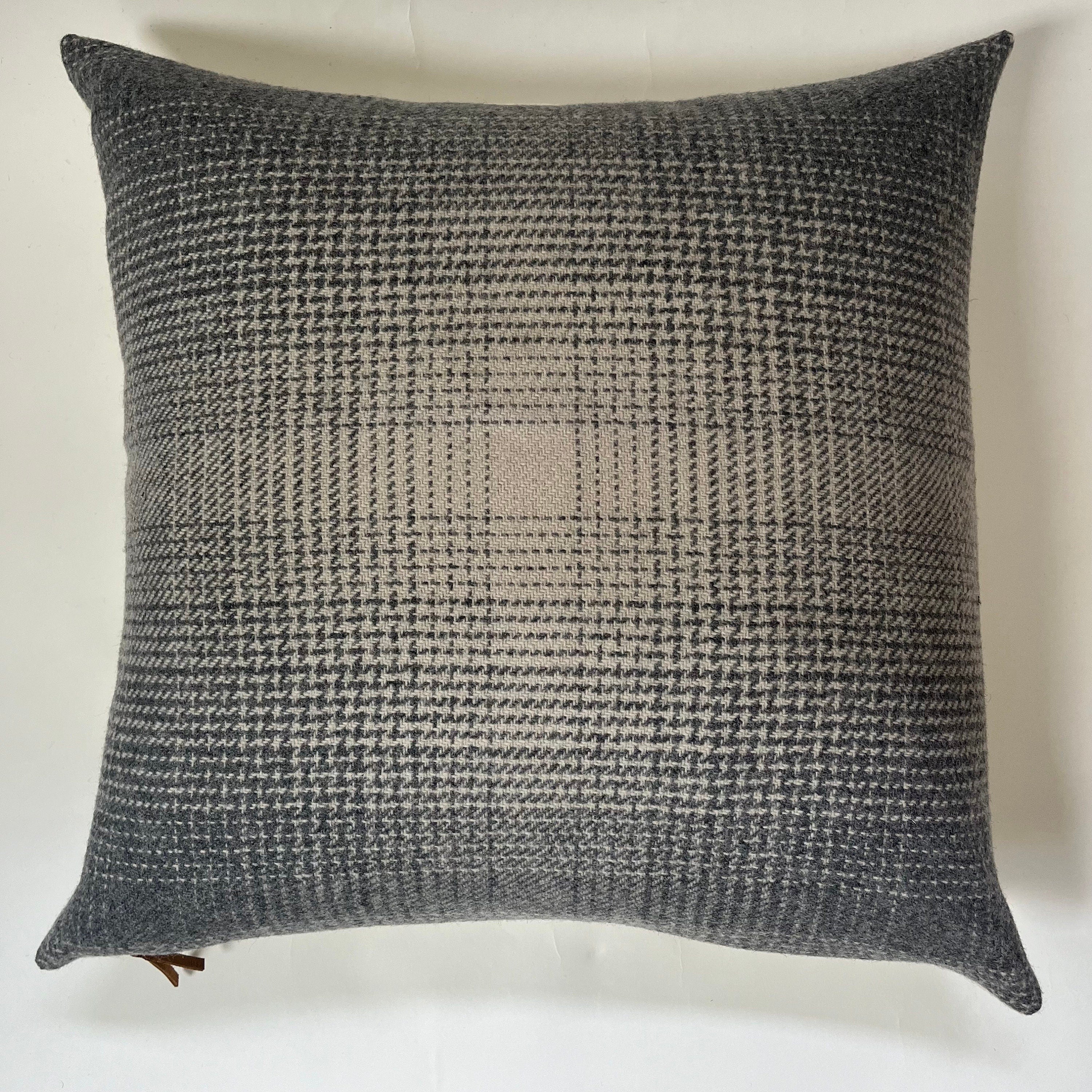 Gray Plaid Wool Pillow Cover Exposed Zipper with leather pull