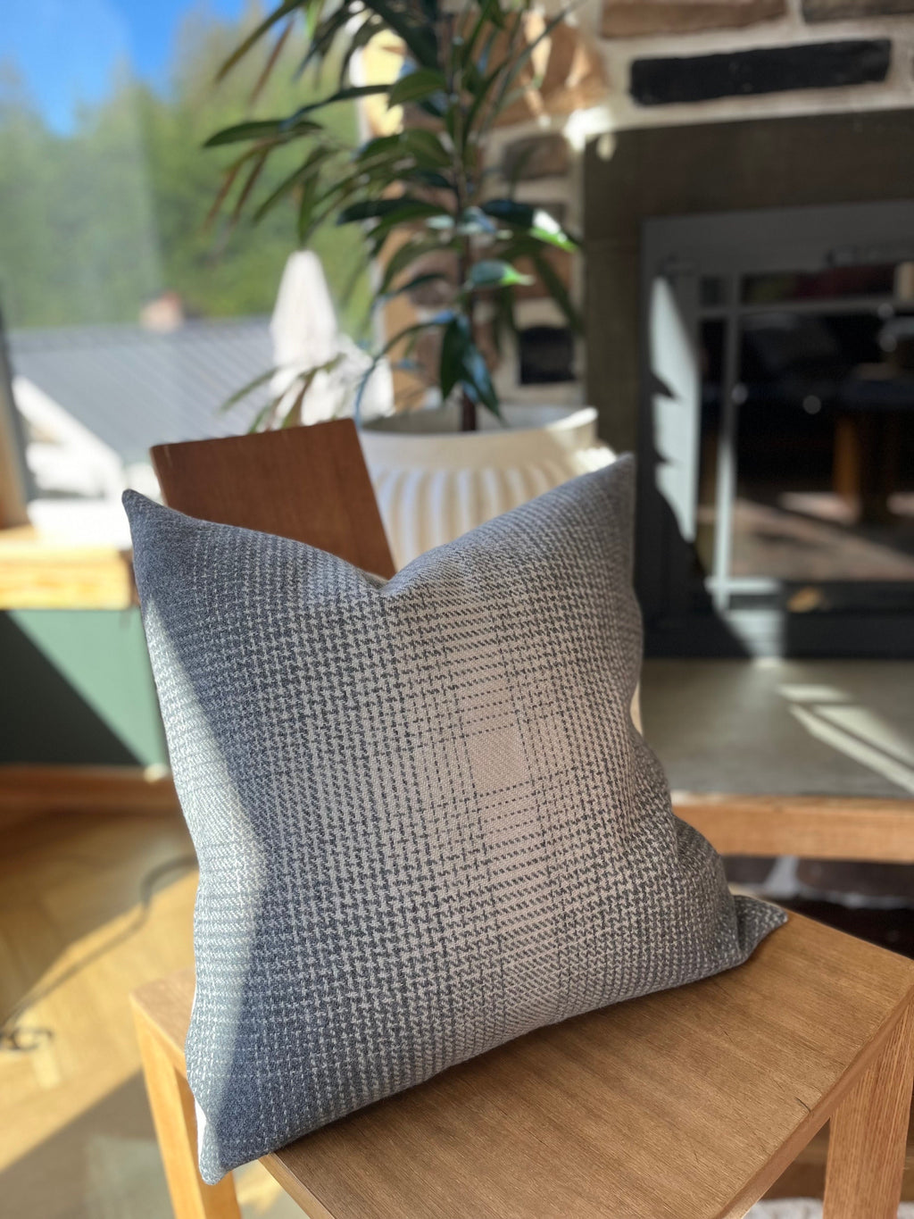 Gray Plaid Wool Pillow Cover Exposed Zipper with leather pull
