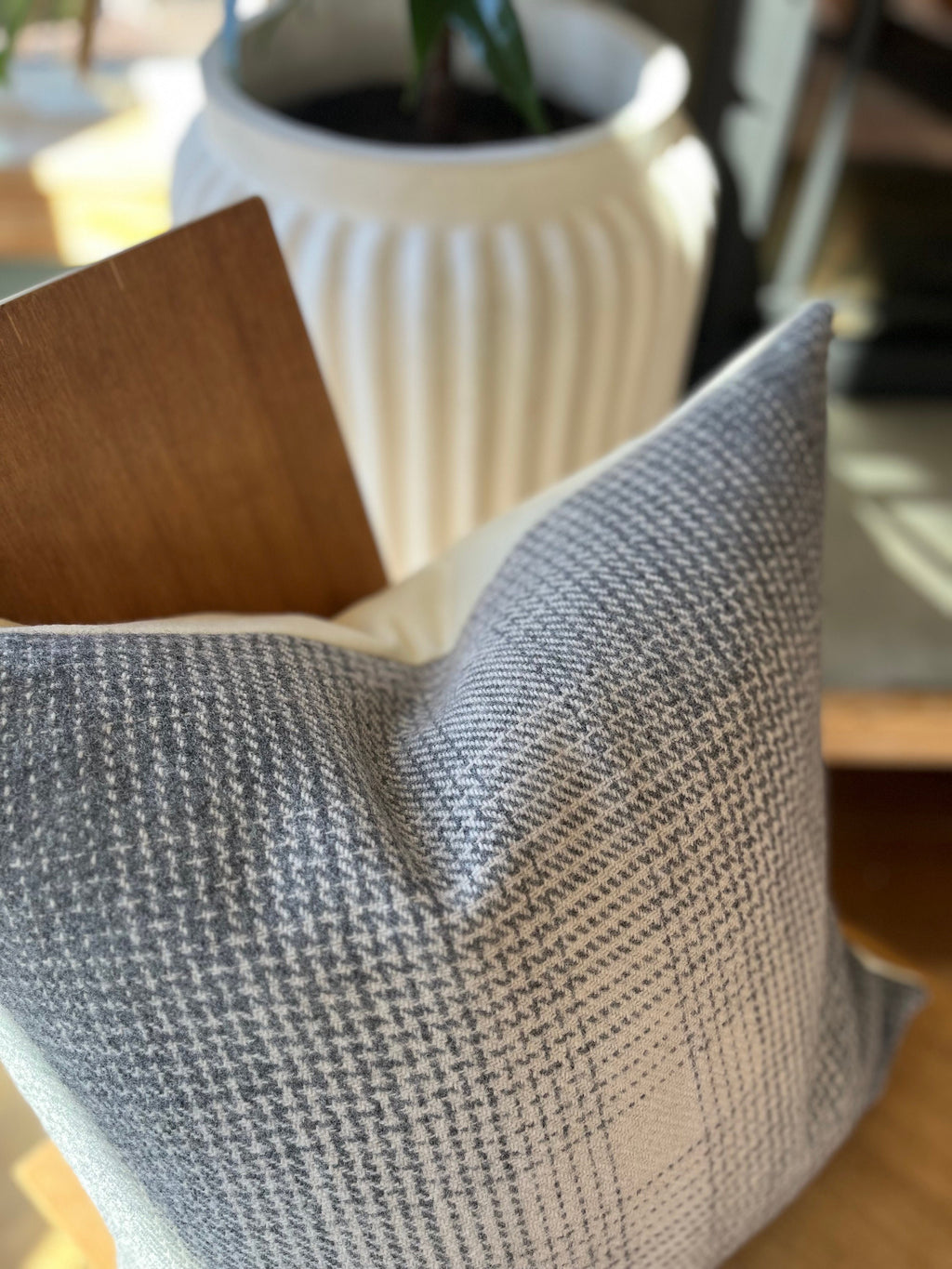 Gray Plaid Wool Pillow Cover Exposed Zipper with leather pull