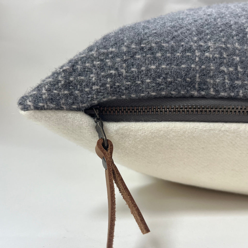 Gray Plaid Wool Pillow Cover Exposed Zipper with leather pull