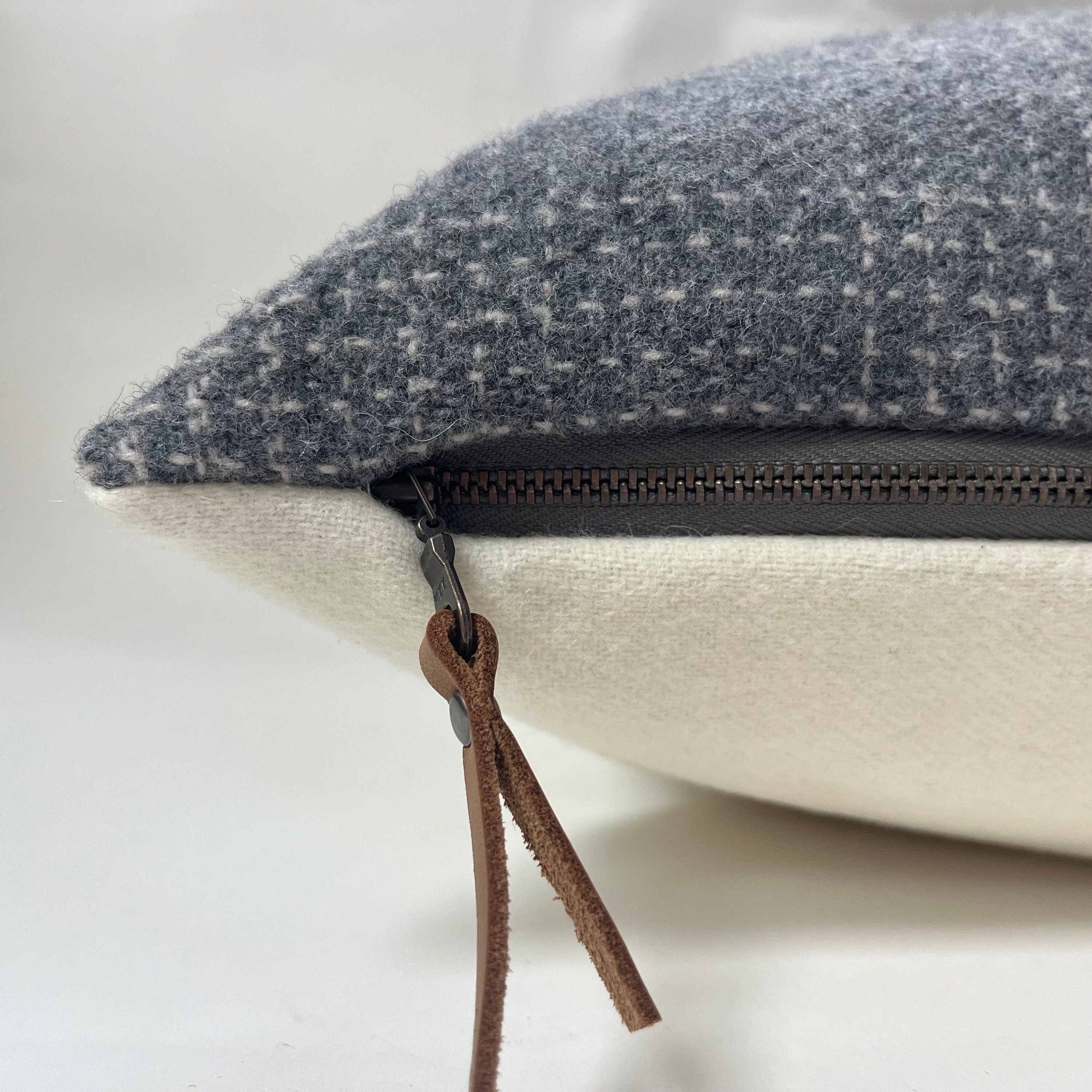 Gray Plaid Wool Pillow Cover Exposed Zipper with leather pull