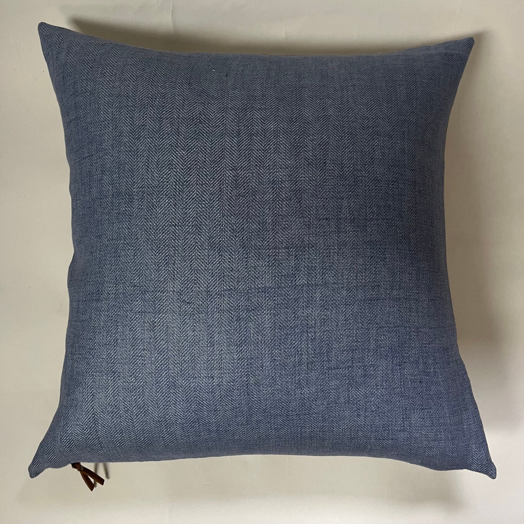 Handcrafted Blue Linen Pillow Cover: Exposed Zipper, Leather Pull