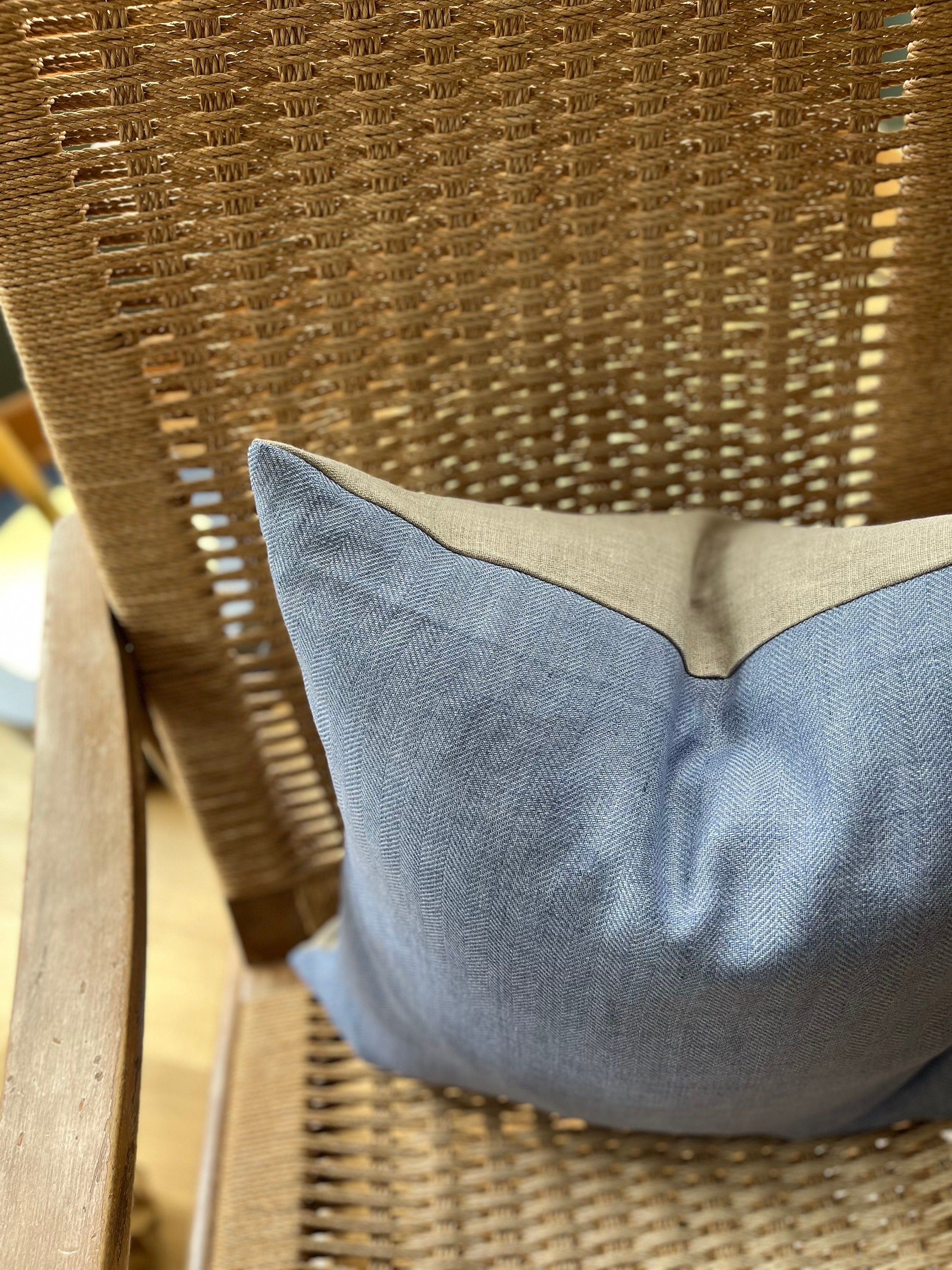 Handcrafted Blue Linen Pillow Cover: Exposed Zipper, Leather Pull