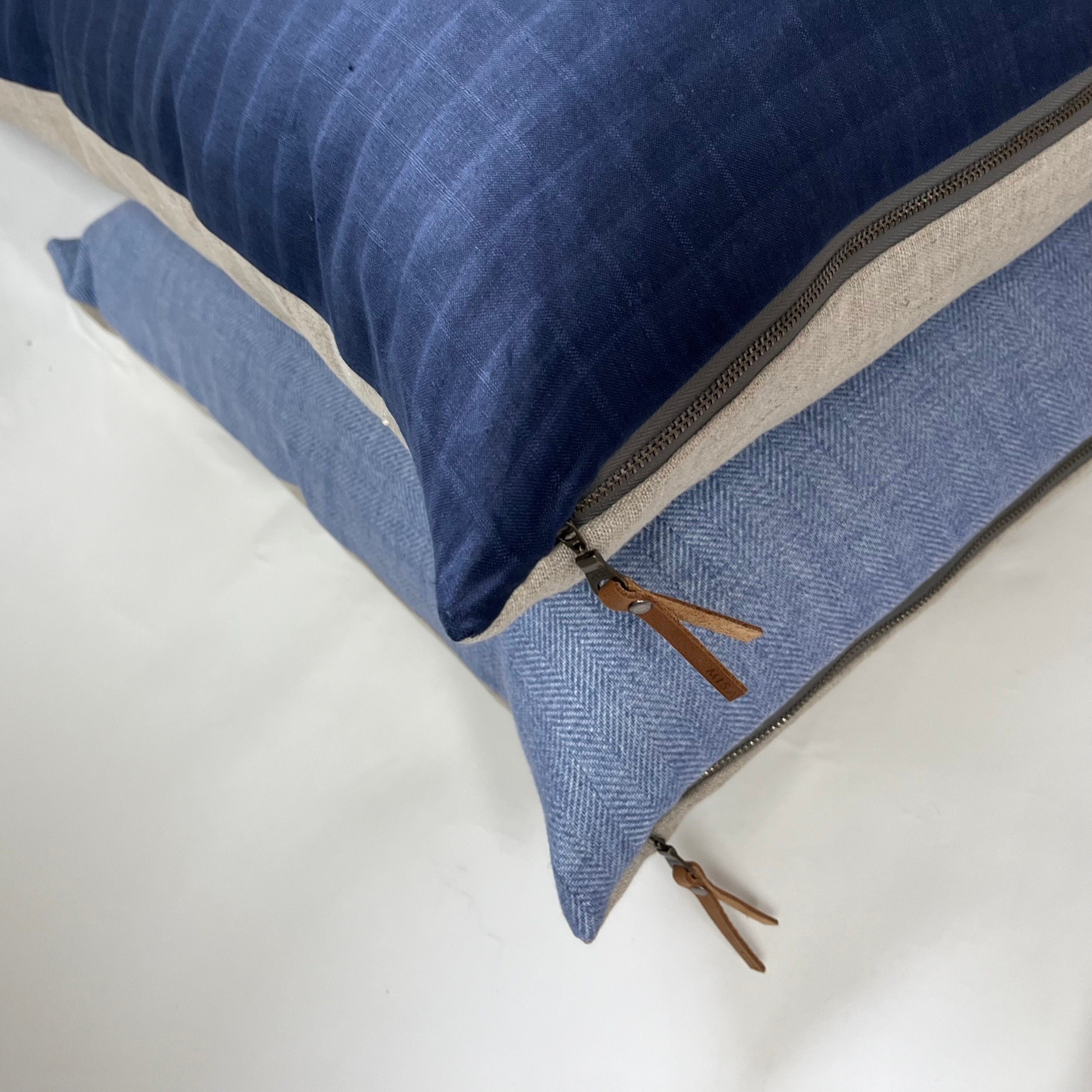 Handcrafted Blue Linen Pillow Cover: Exposed Zipper, Leather Pull
