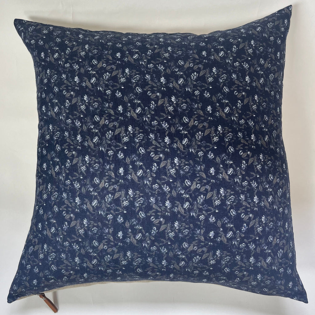 Navy Floral Linen Pillow Cover: Exposed Zipper, Leather Pull