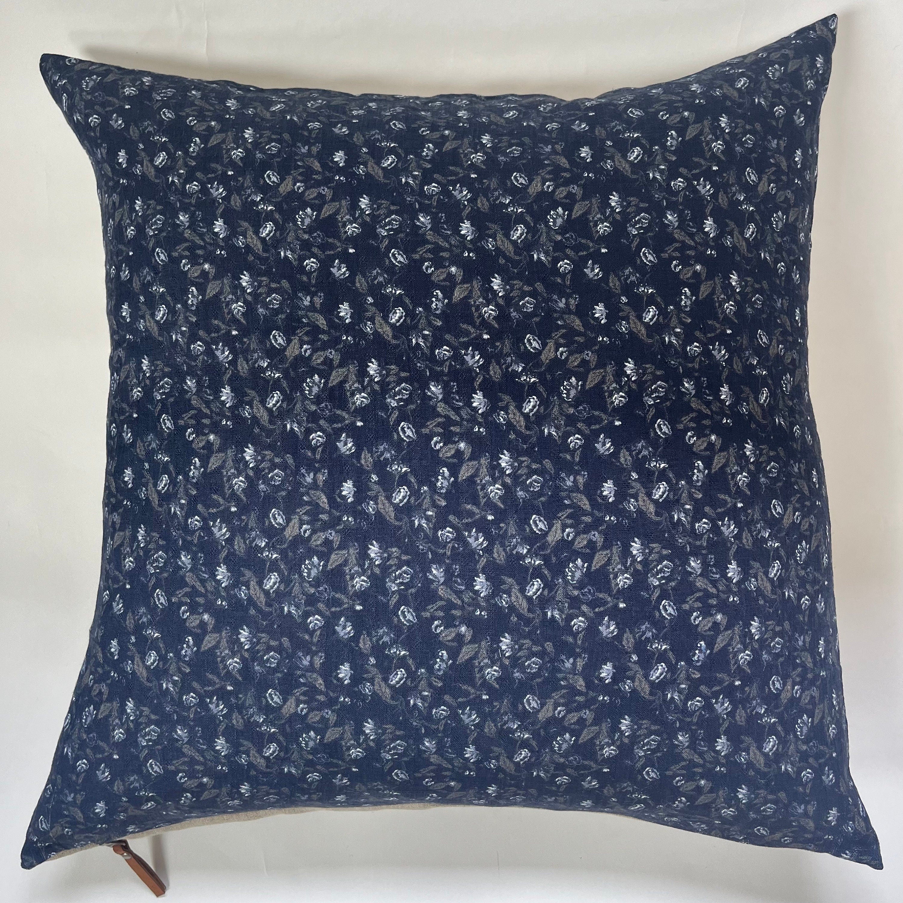 Navy Floral Linen Pillow Cover: Exposed Zipper, Leather Pull