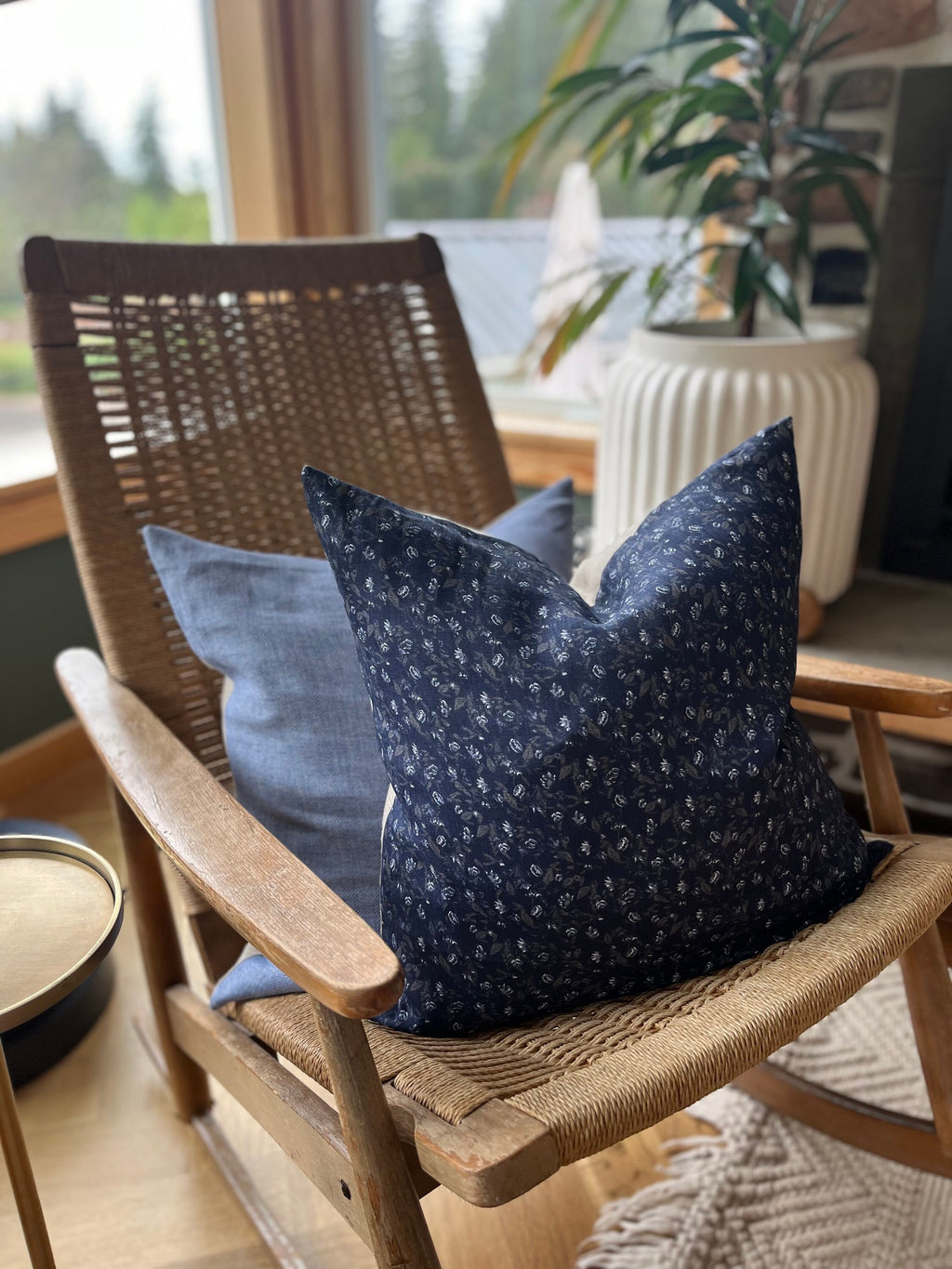 Navy Floral Linen Pillow Cover: Exposed Zipper, Leather Pull