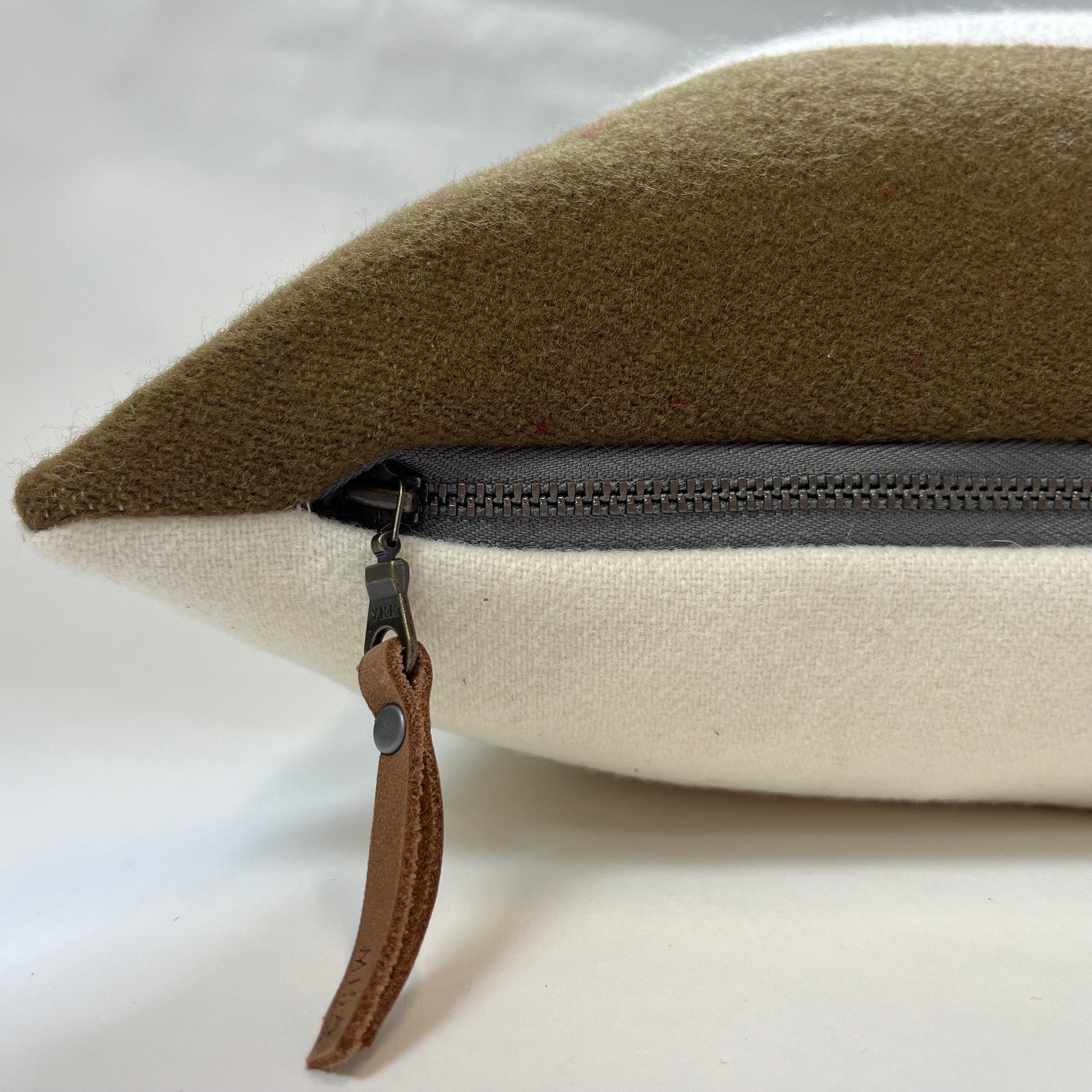 Wool Pillow Cover: Striped Olive Green, Cream and Turquoise 18”