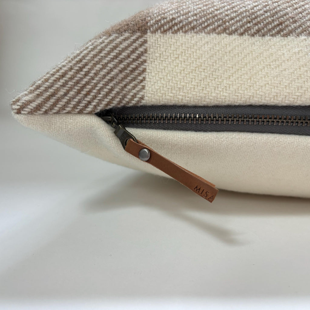 Tan and cream plaid wool Pillow Cover with Leather Pull housewarming gift