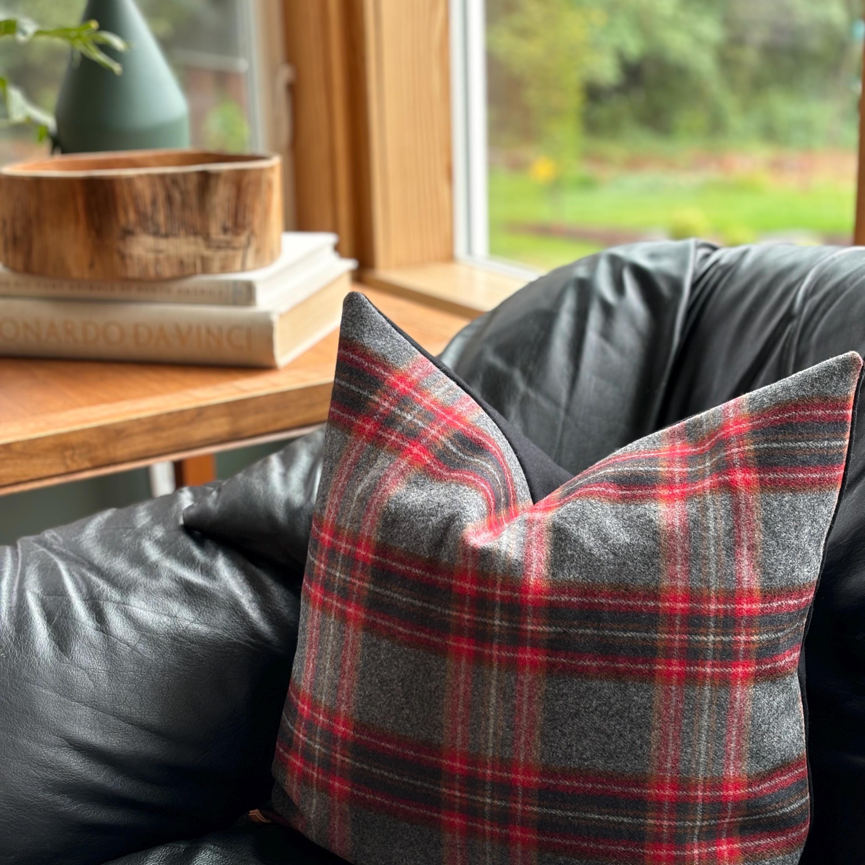 Wool Plaid Pillow Cover Red & Black Exposed Zipper