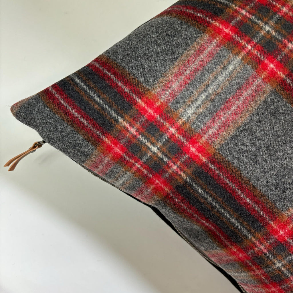 Wool Plaid Pillow Cover Red & Black Exposed Zipper