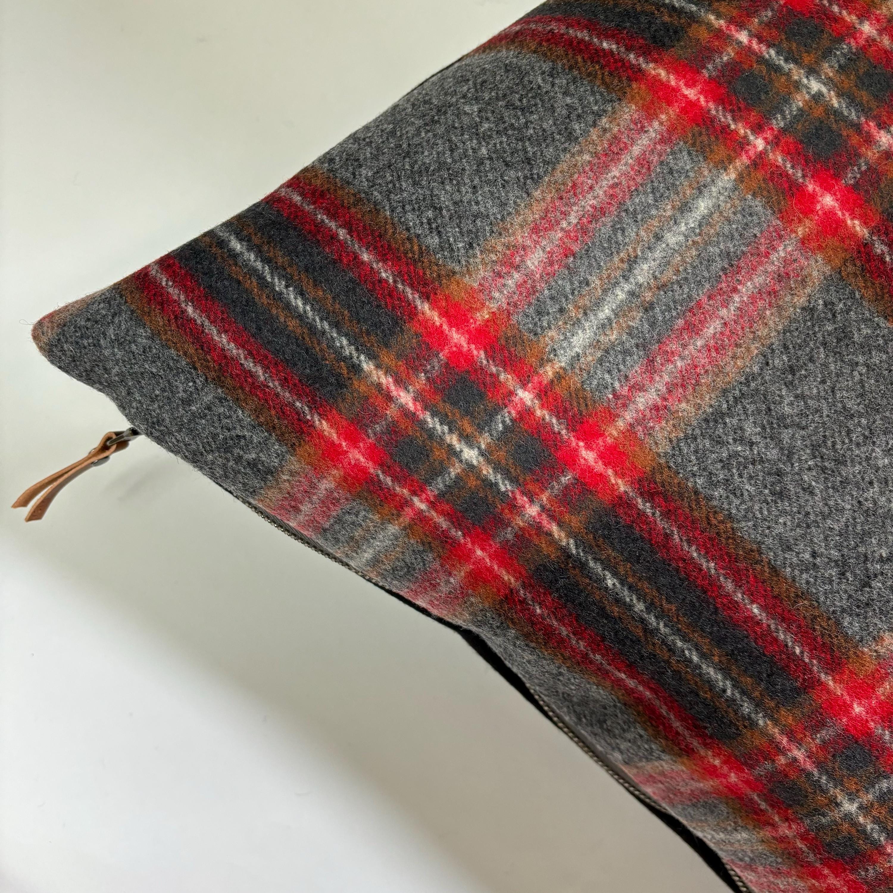 Wool Plaid Pillow Cover Red & Black Exposed Zipper