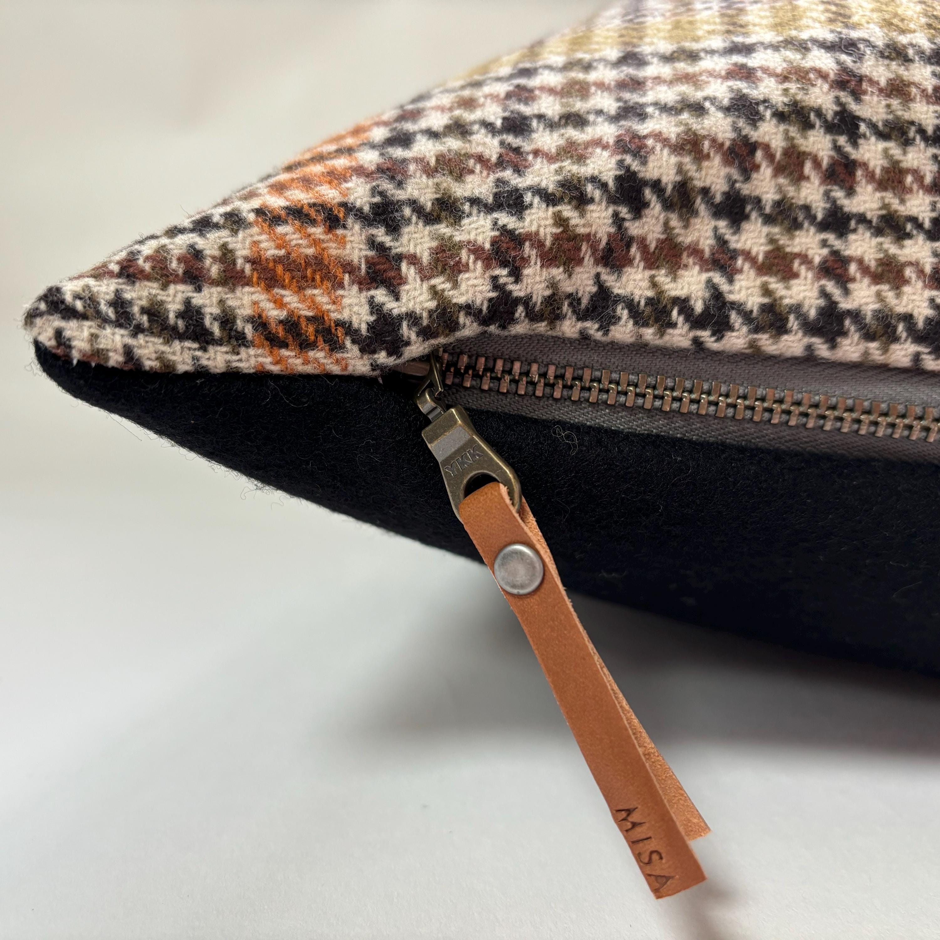 Wool Plaid Pillow cover: Orange, Black & Cream, Exposed Zipper