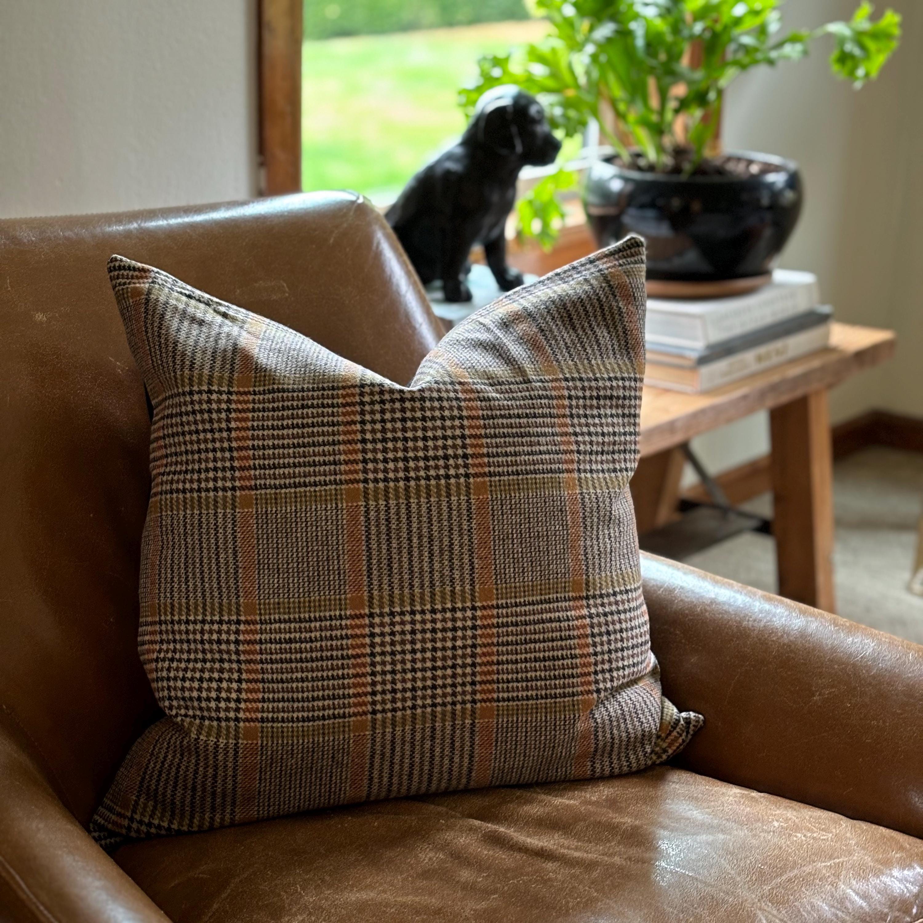 Wool Plaid Pillow cover: Orange, Black & Cream, Exposed Zipper