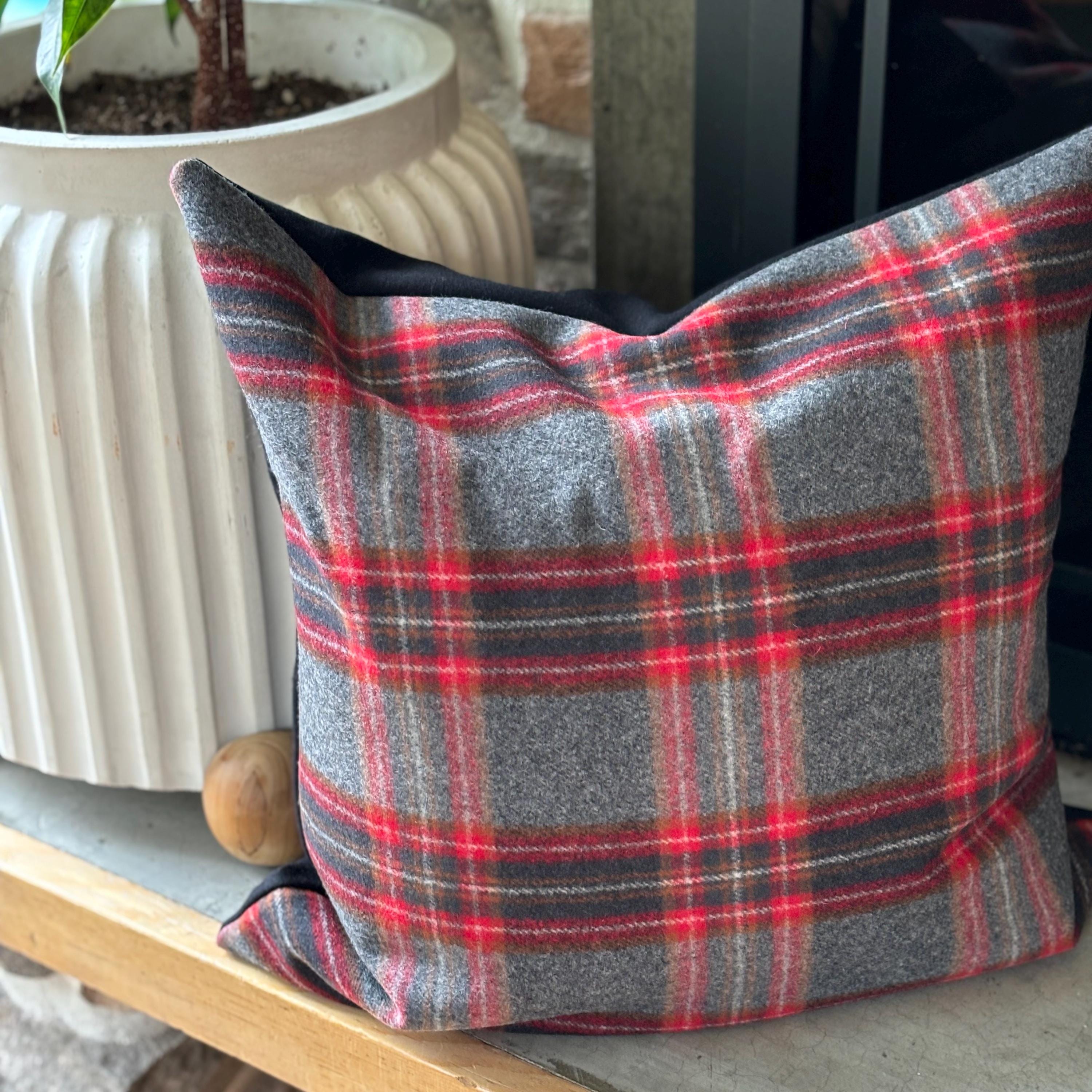 Wool Plaid Pillow Cover Red & Black Exposed Zipper