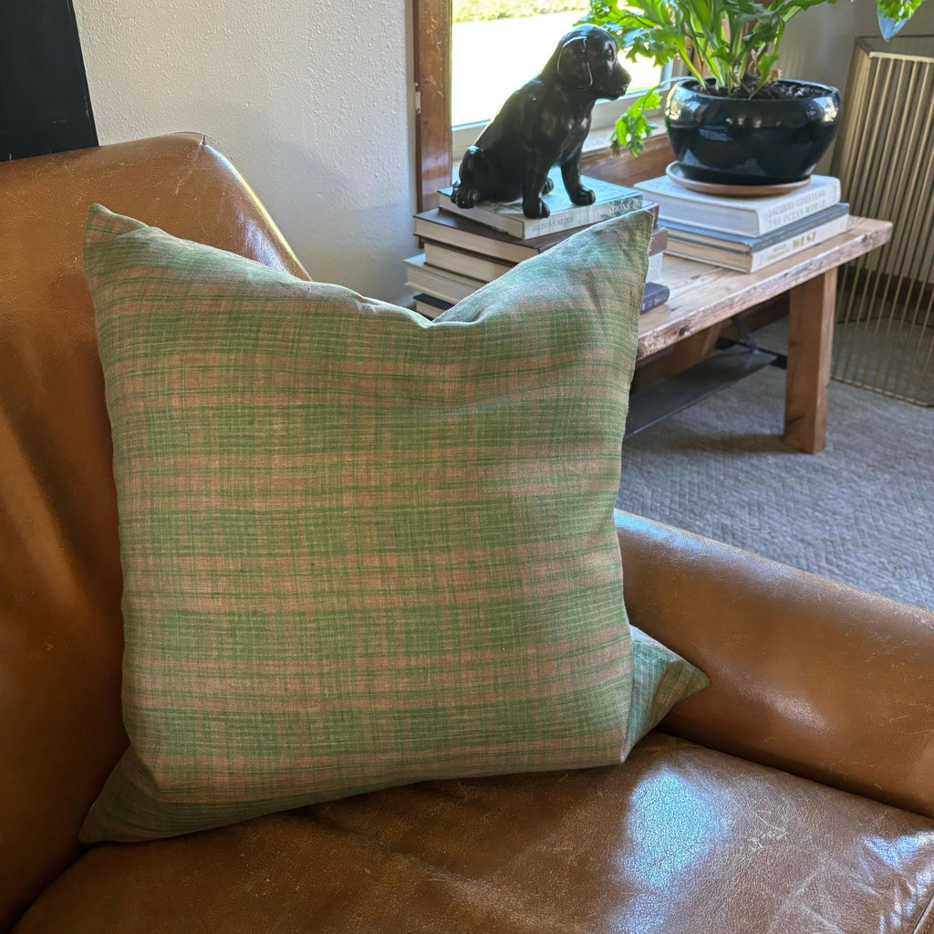 Green Plaid Linen Pillow Cover: Exposed Zipper, Leather Pull