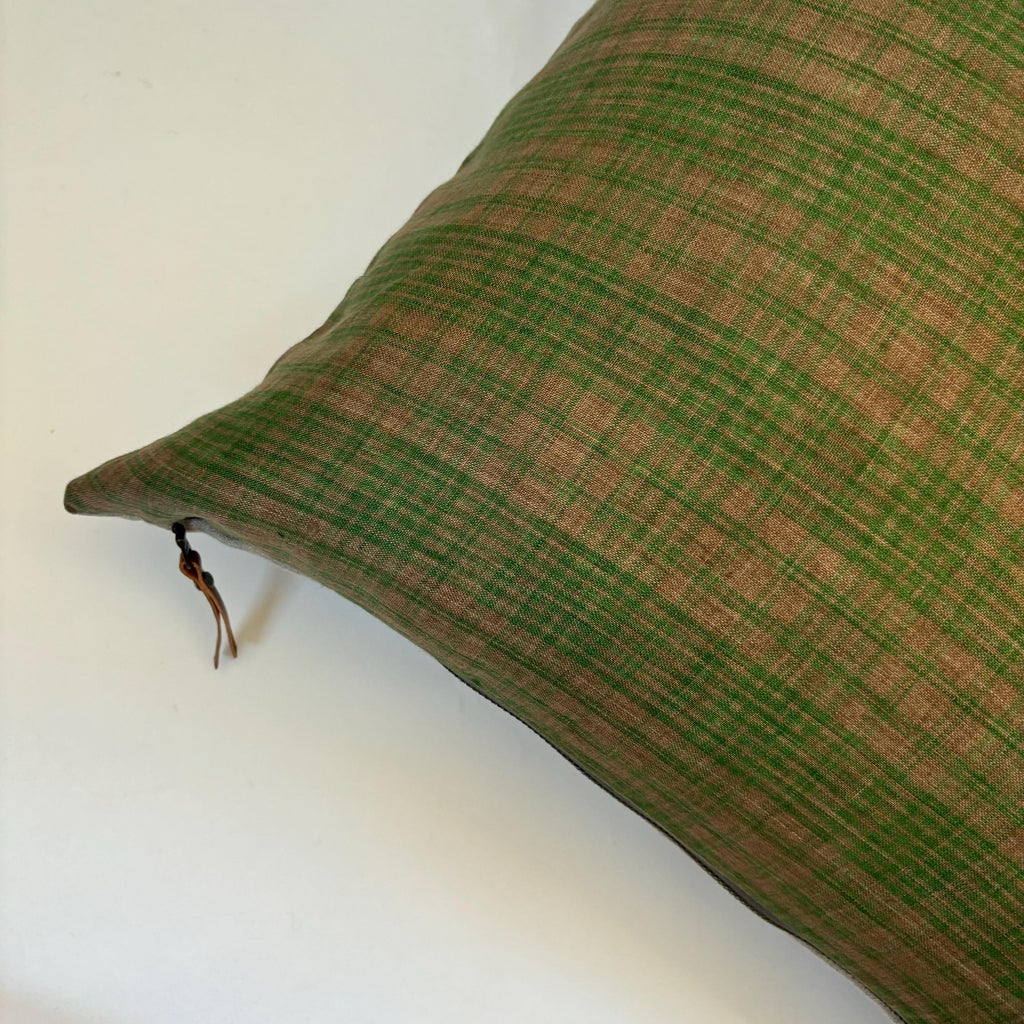 Green Plaid Linen Pillow Cover: Exposed Zipper, Leather Pull