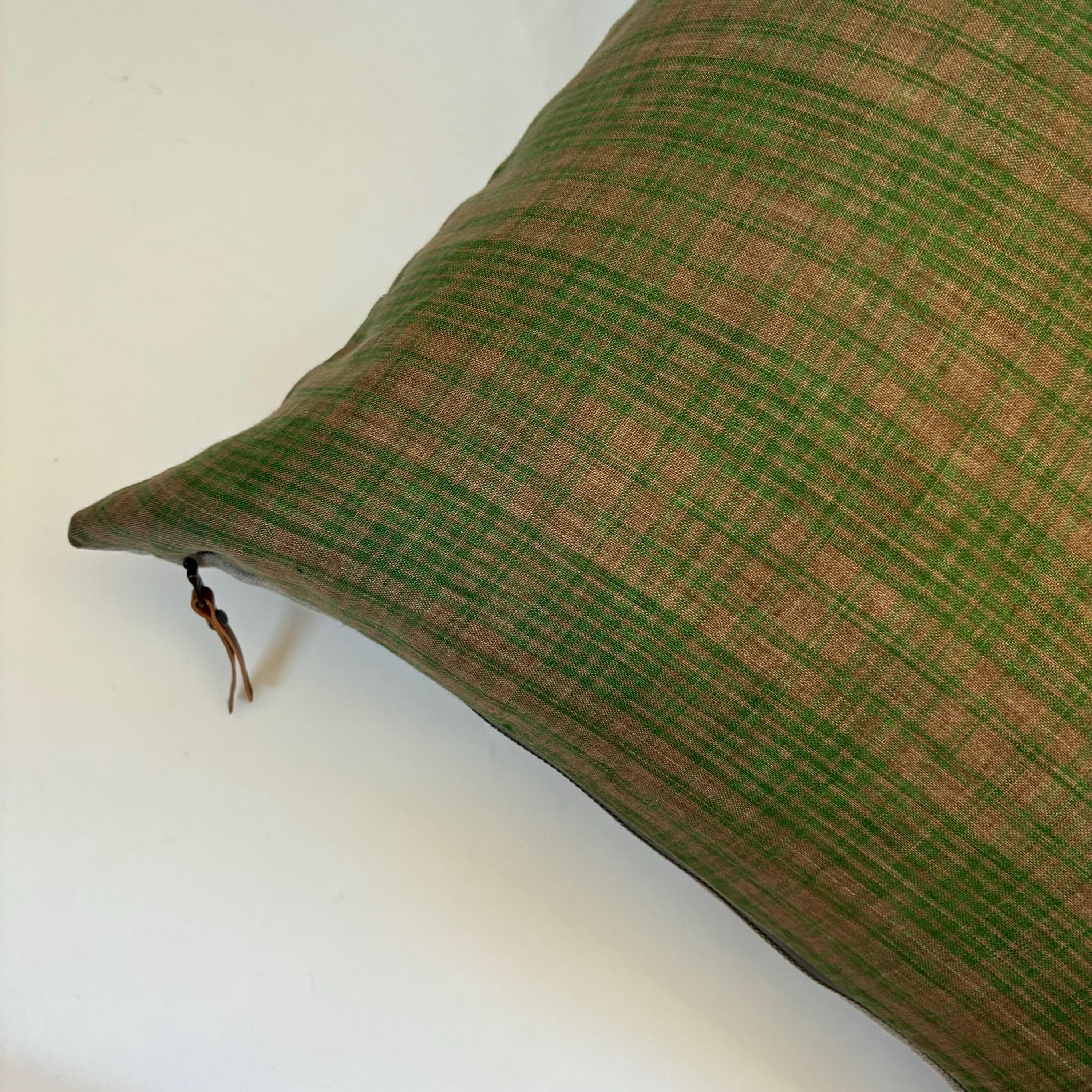 Green Plaid Linen Pillow Cover: Exposed Zipper, Leather Pull