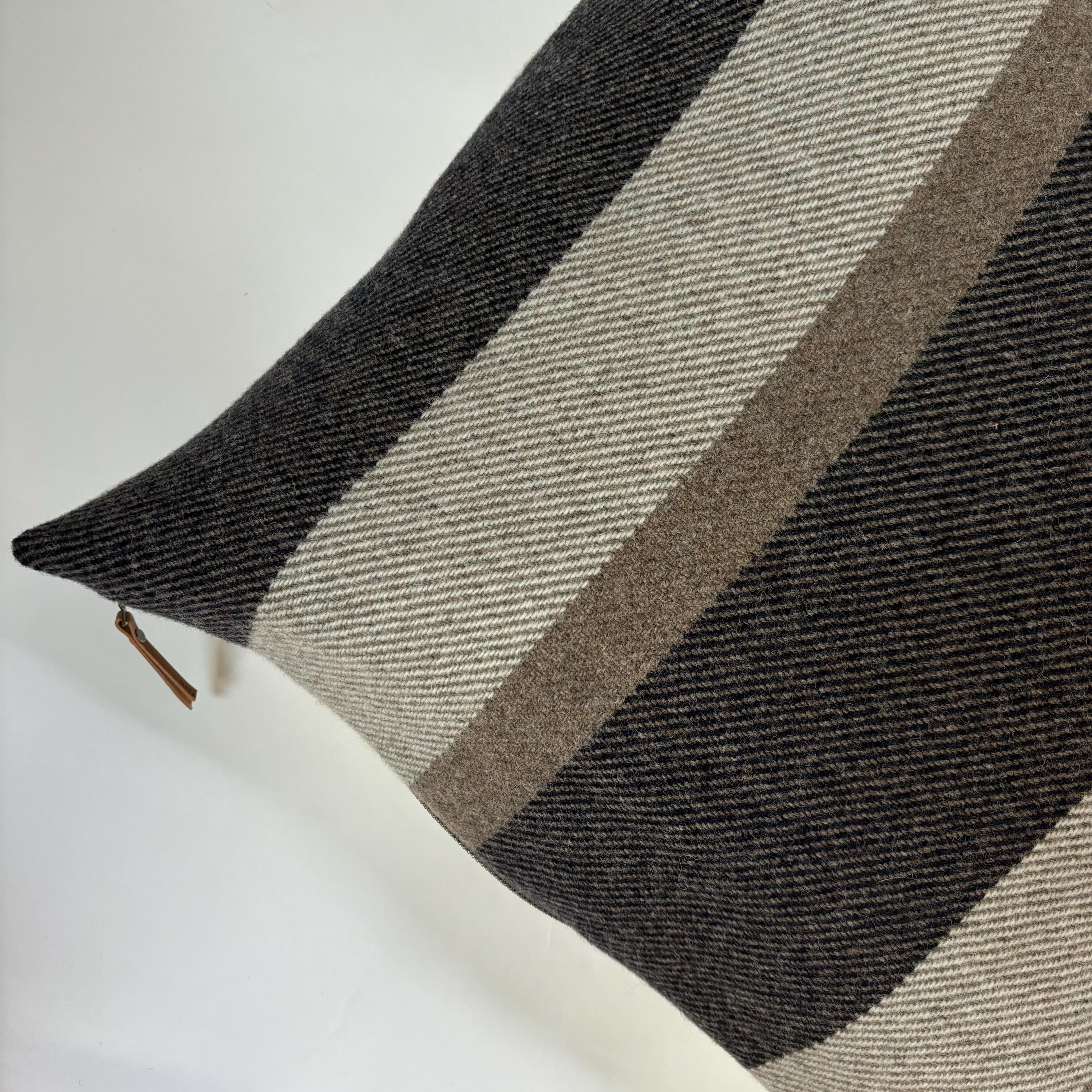 striped wool brown gray tan striped wool pillow cover exposed zipper-leather pull 14x24" 20"22"24" handcrafted by misa