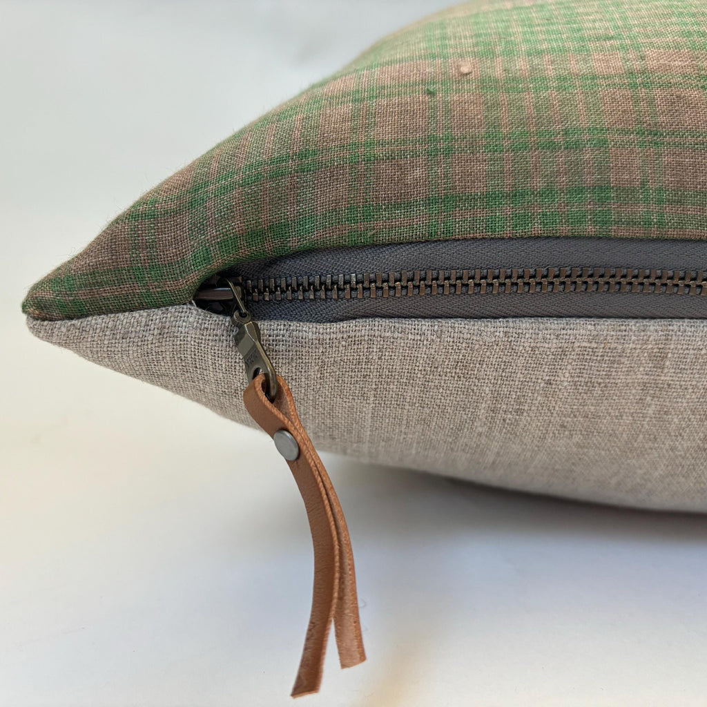 Green Plaid Linen Pillow Cover: Exposed Zipper, Leather Pull