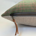 Green Plaid Linen Pillow Cover: Exposed Zipper, Leather Pull