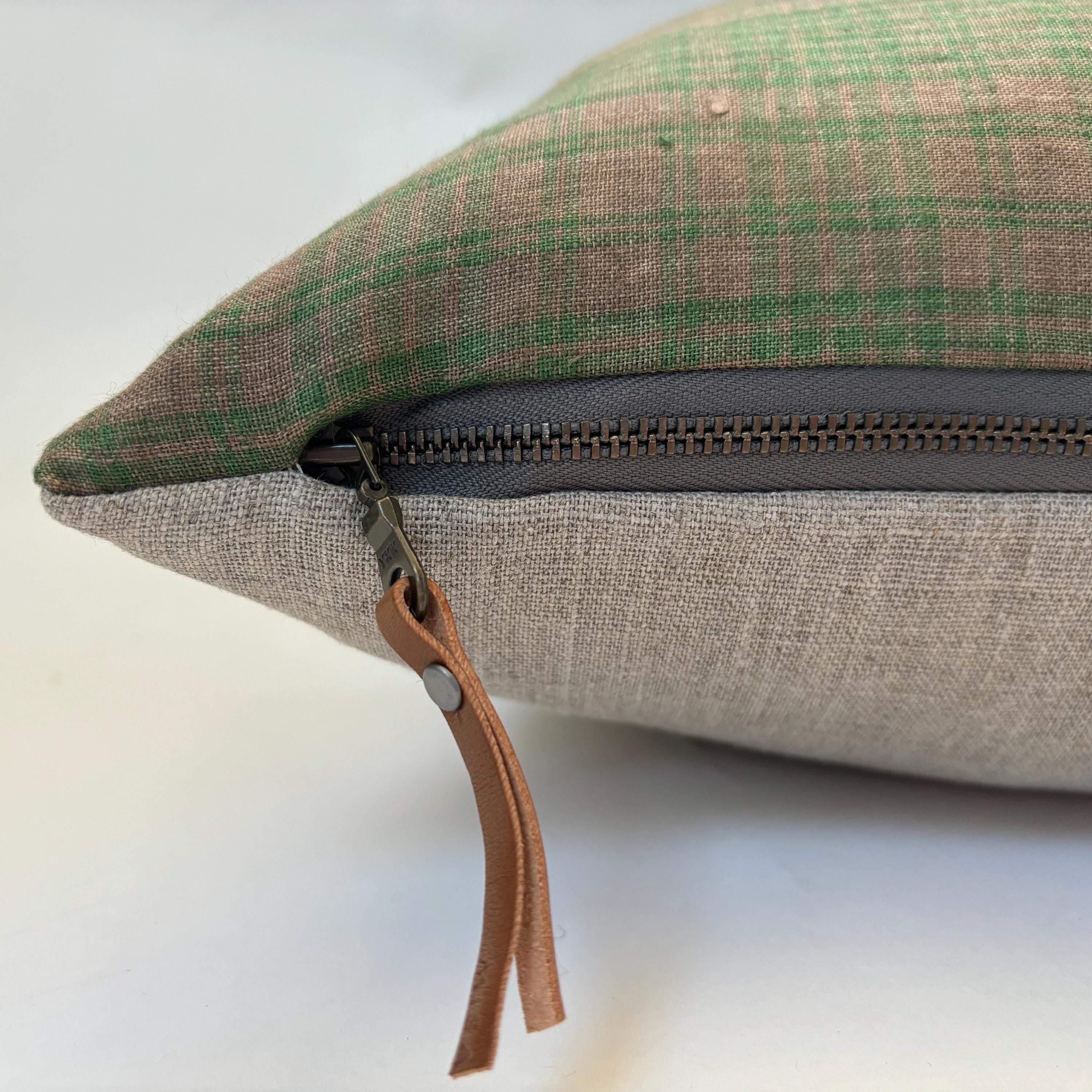 Green Plaid Linen Pillow Cover: Exposed Zipper, Leather Pull