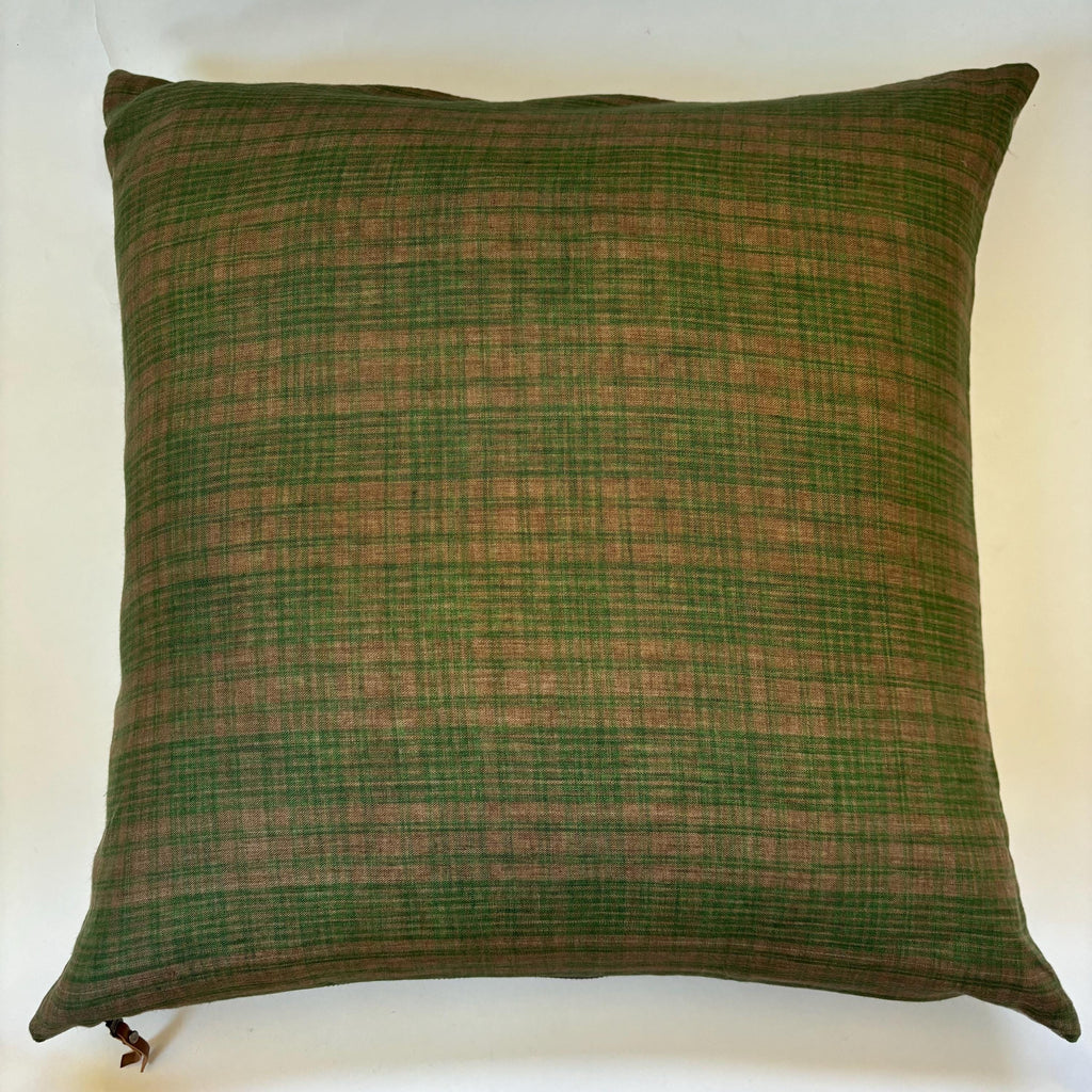Green Plaid Linen Pillow Cover: Exposed Zipper, Leather Pull
