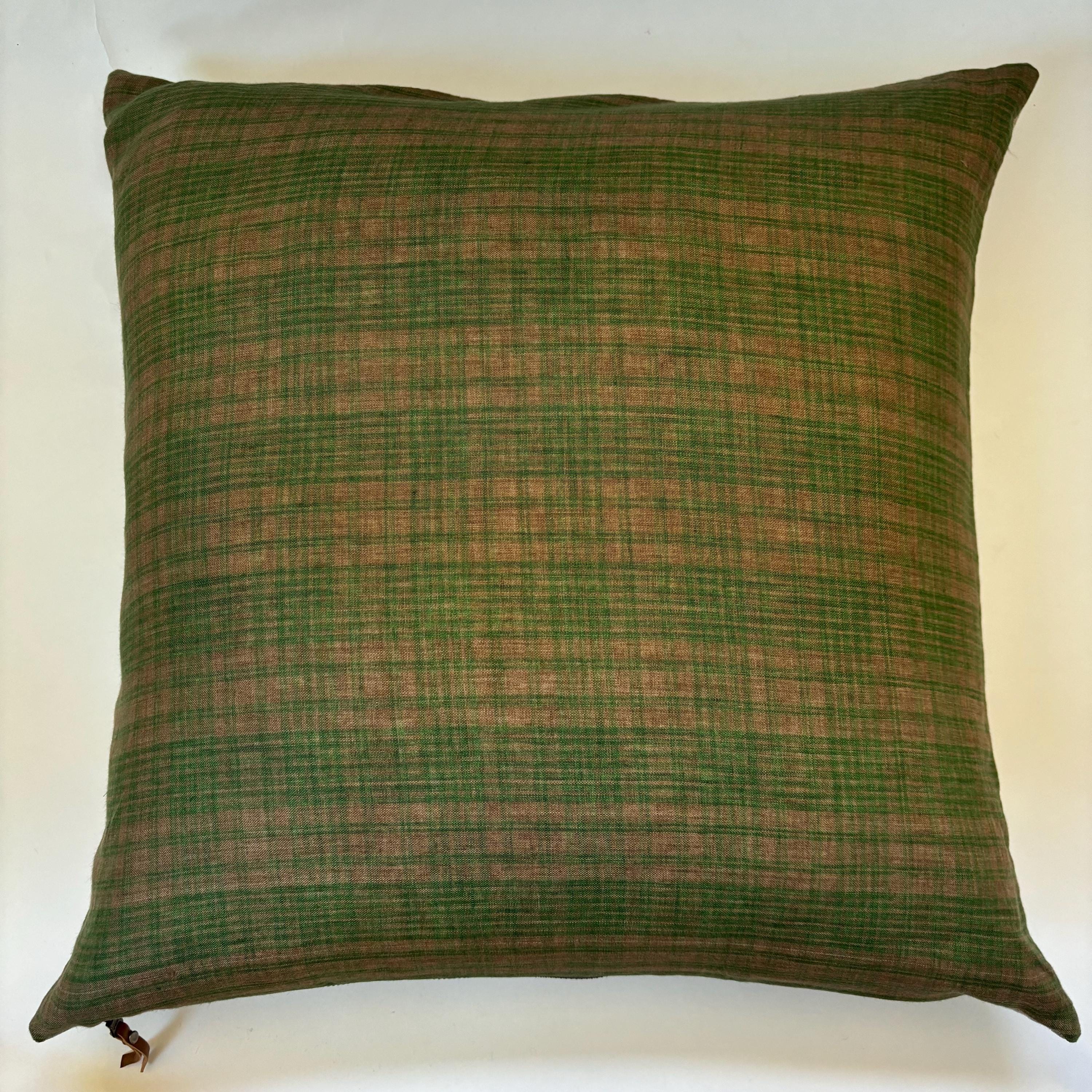 Green Plaid Linen Pillow Cover: Exposed Zipper, Leather Pull