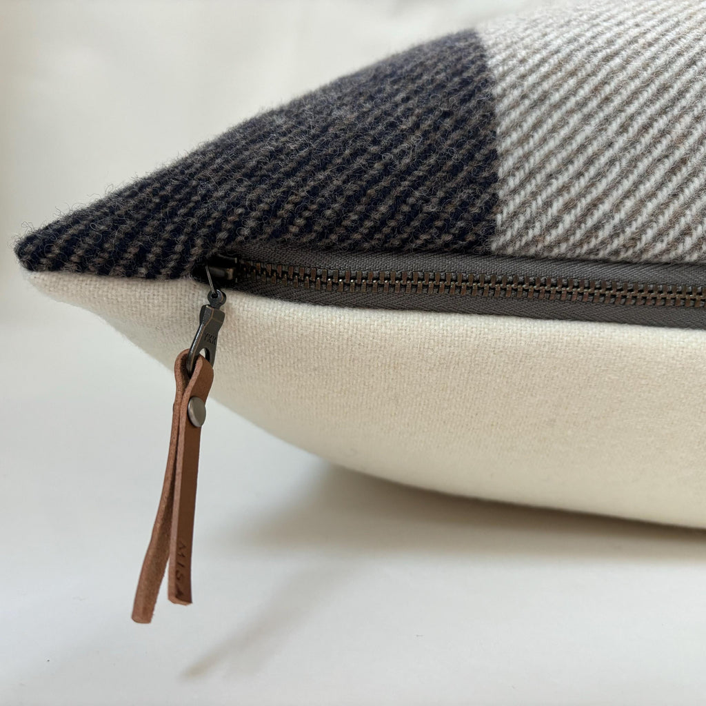 striped wool brown gray tan striped wool pillow cover exposed zipper-leather pull 14x24" 20"22"24" handcrafted by misa