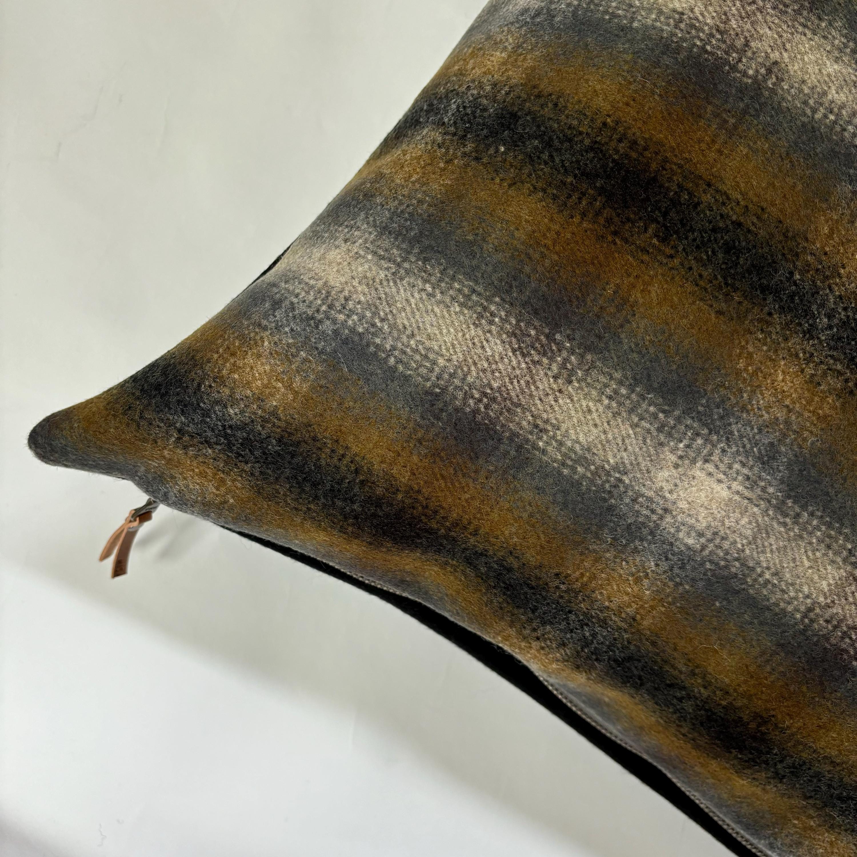 Wool Pillow Cover: Blue and tans Plaid Throw Pillow with Leather Pull