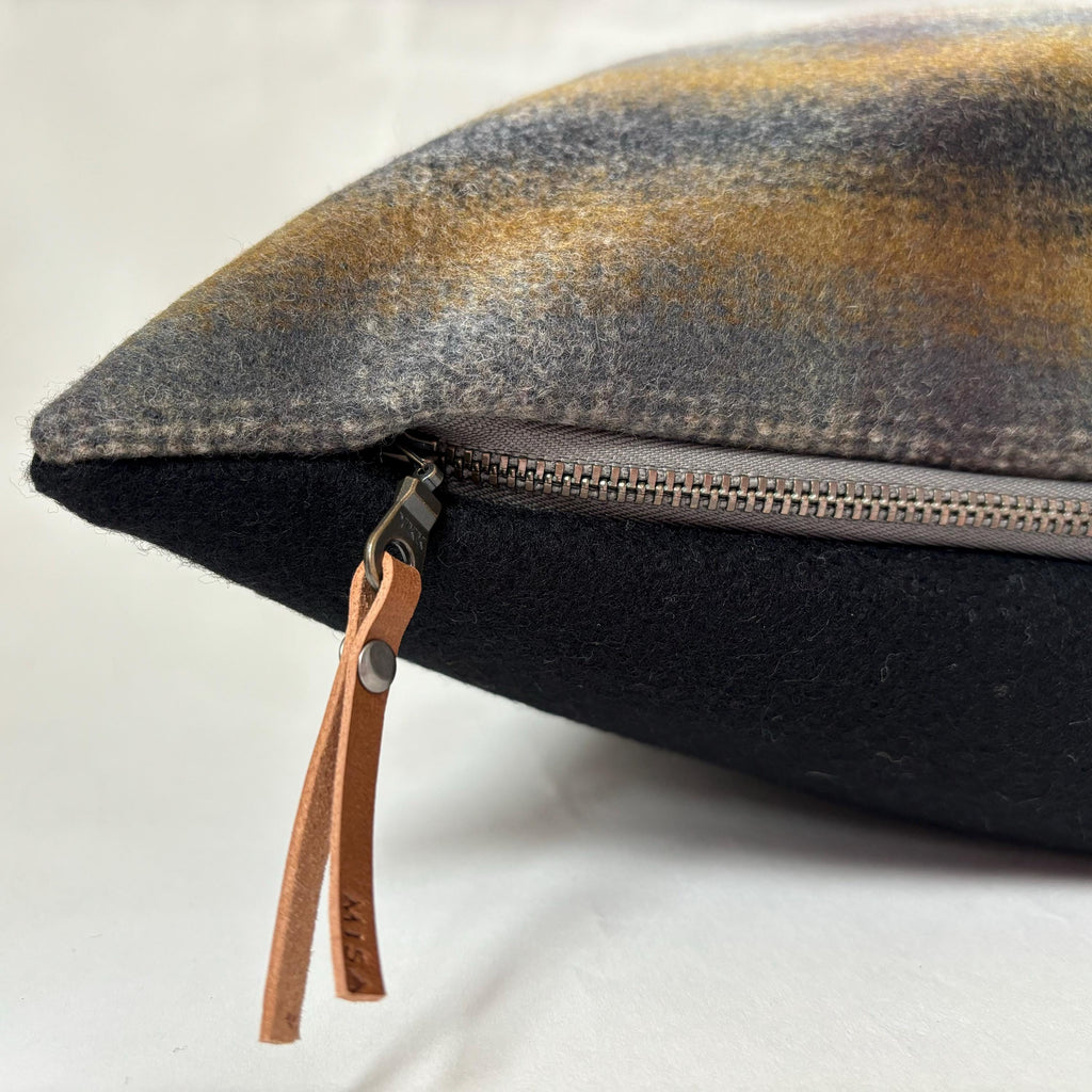 Wool Pillow Cover: Blue and tans Plaid Throw Pillow with Leather Pull
