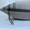 Green Striped Linen Pillow Cover: 18x18 Throw Pillow with Leather Pull