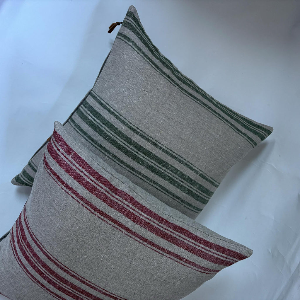 Green Striped Linen Pillow Cover: 18x18 Throw Pillow with Leather Pull