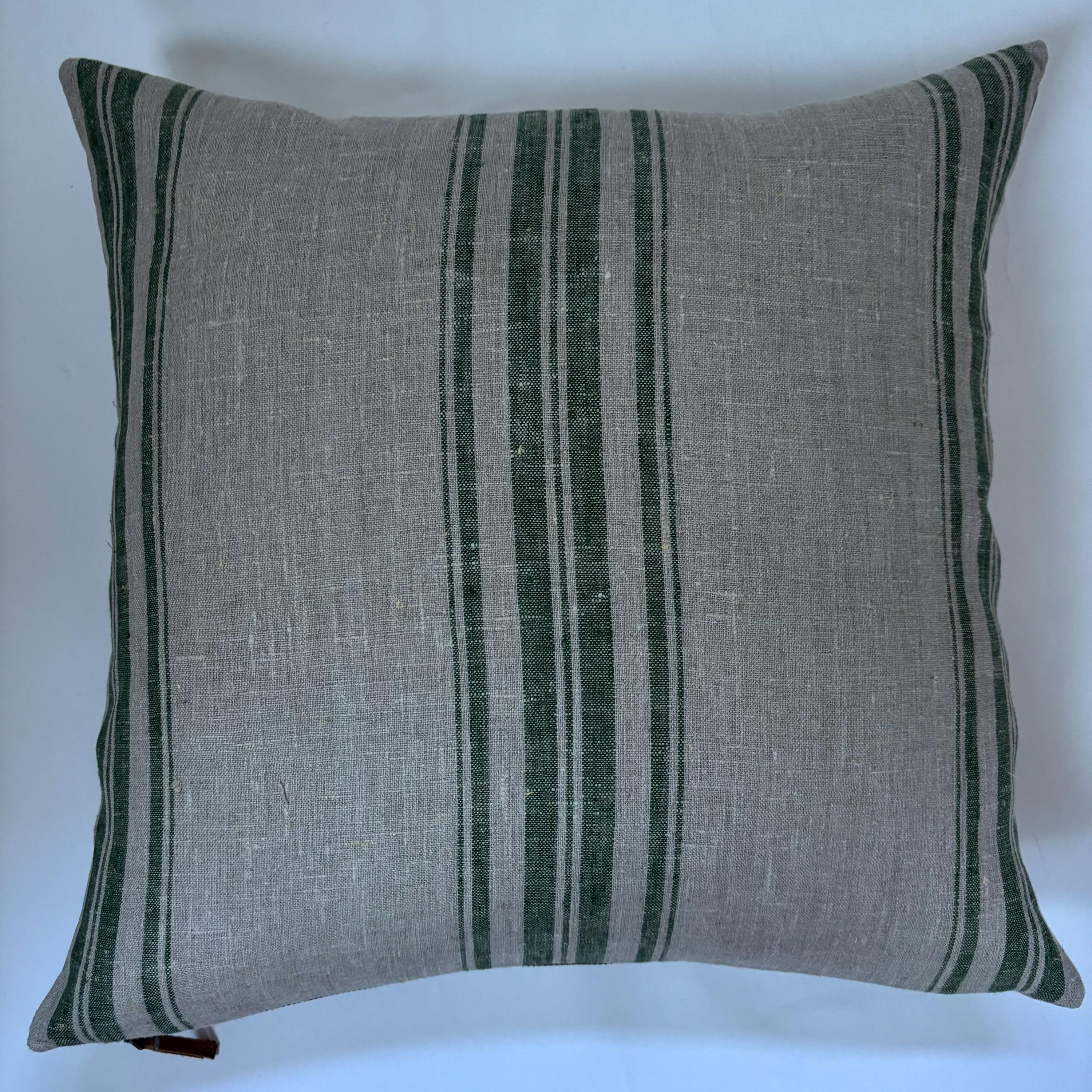 Green Striped Linen Pillow Cover: 18x18 Throw Pillow with Leather Pull
