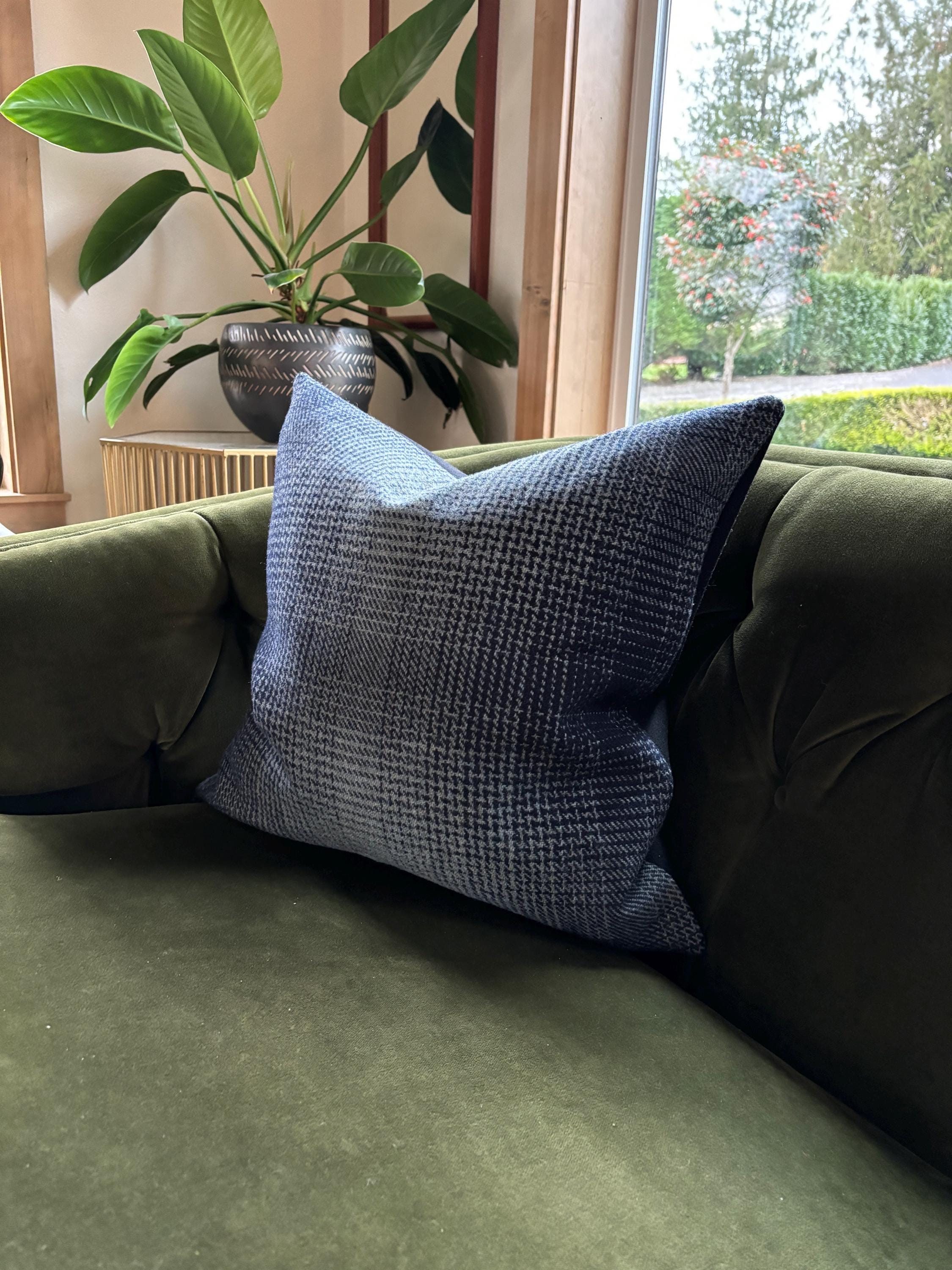Wool Pillow Cover: Blue Plaid with Exposed Zipper