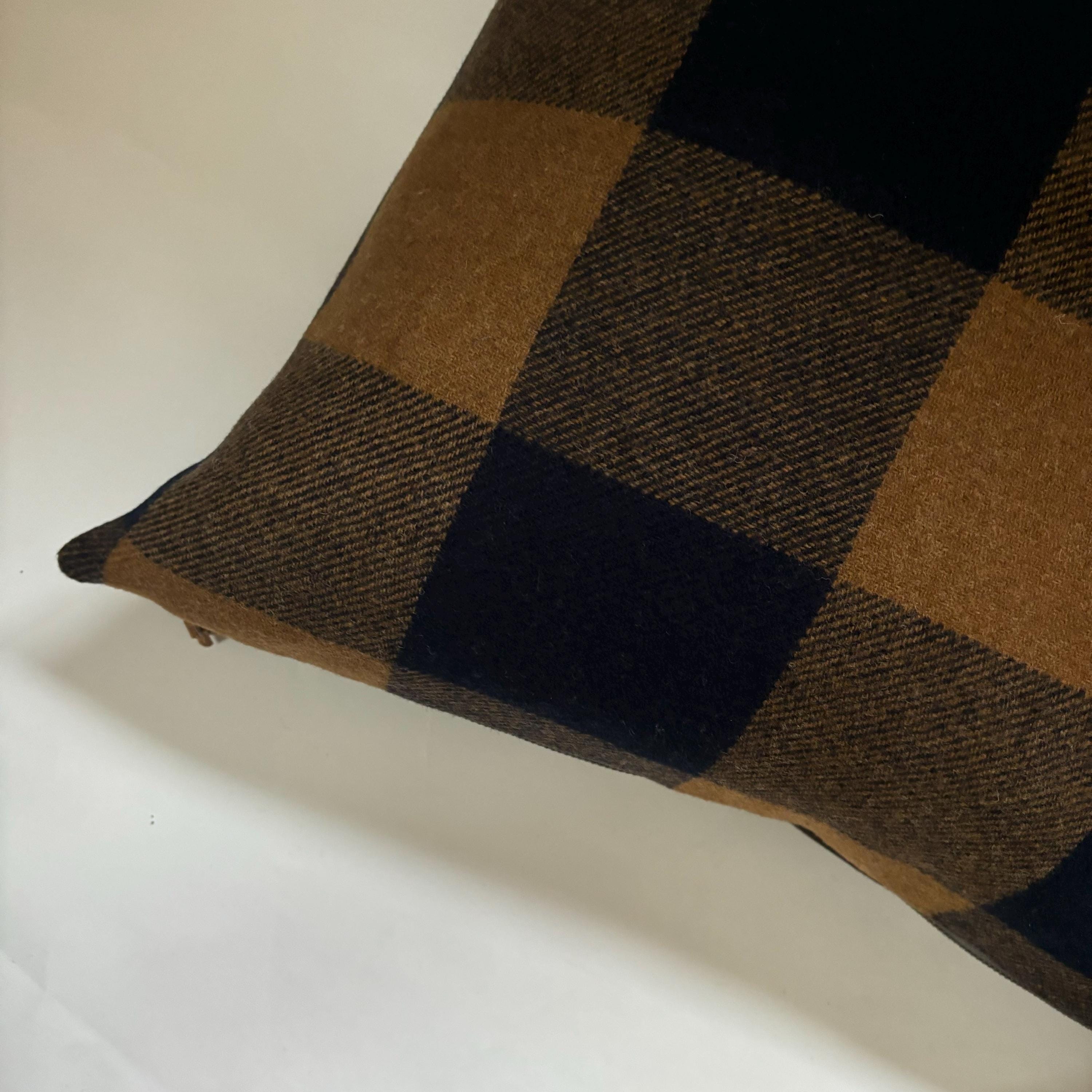 Wool Pillow Cover: Brown Blue Plaid with Leather Zipper Pull